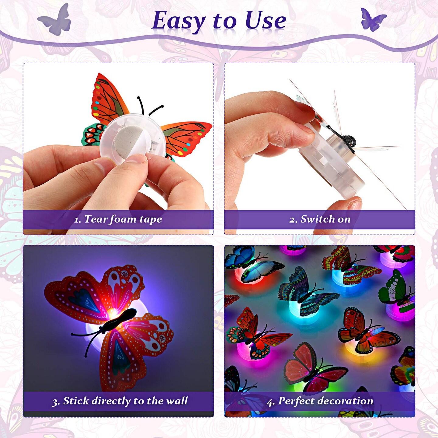 Honoson 24 Pieces 3D LED Butterfly Decoration Night Light Sticker Single and Double Wall Light for Garden Backyard Lawn Party Festive Party Nursery Bedroom Living Room