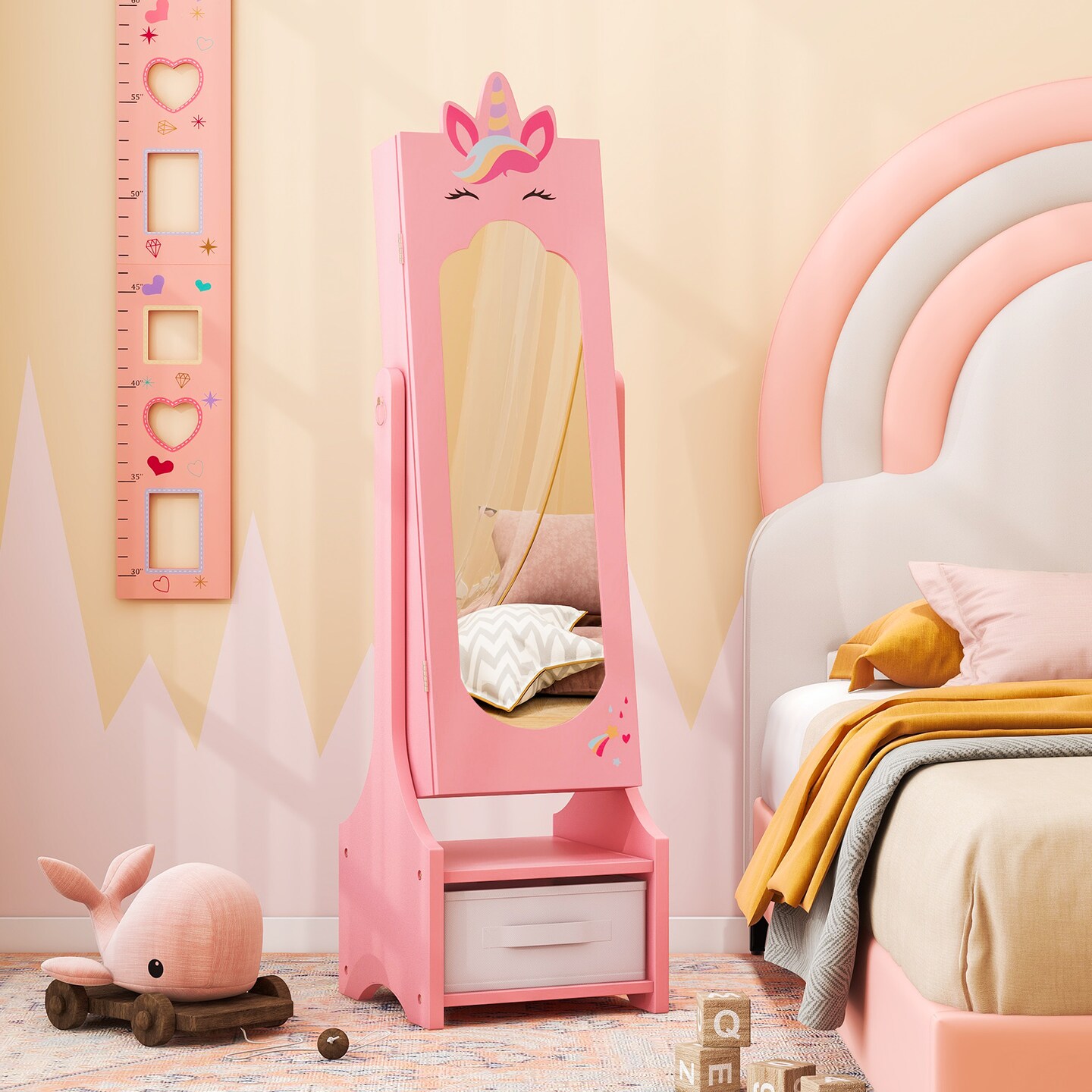Kids Jewelry Cabinet with Full-Length Mirror for Kids Bedroom and Playroom