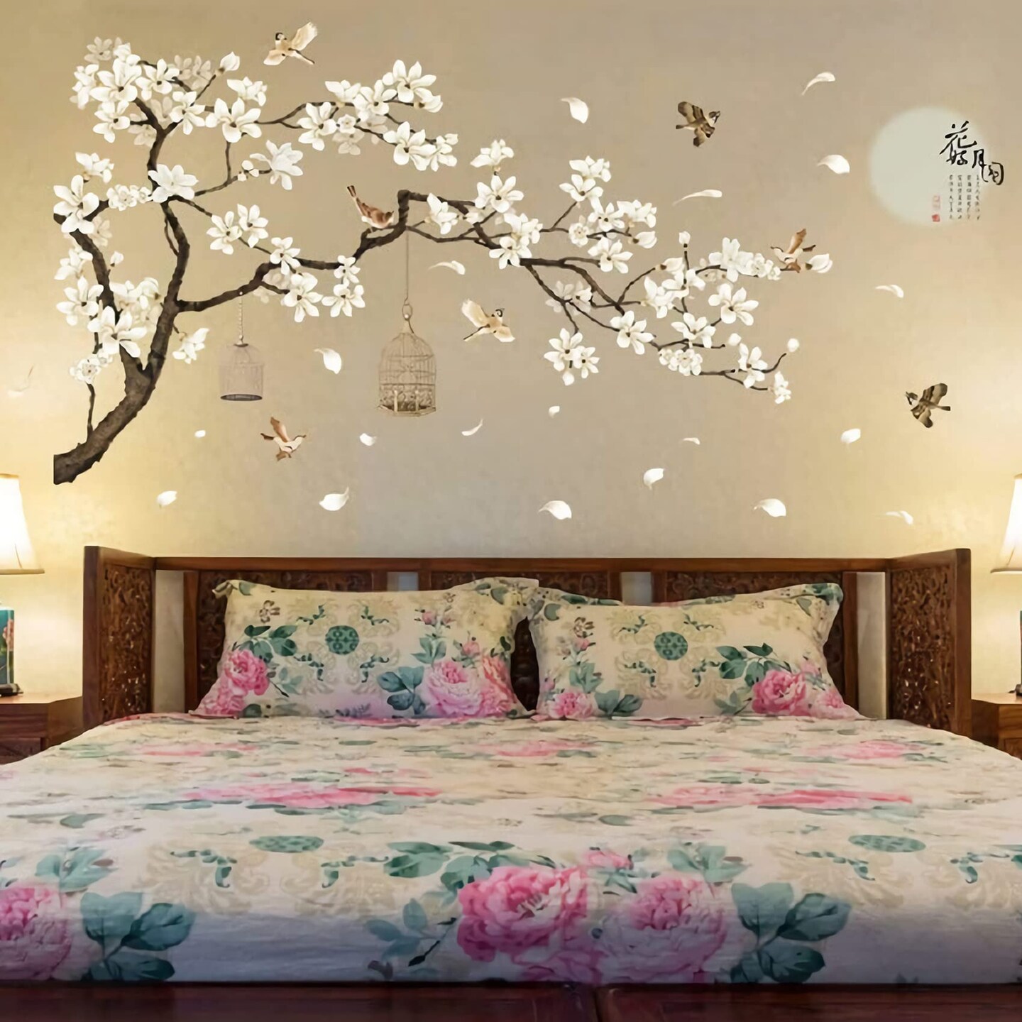 BWCXXZH Large White Flower Wall Stickers, 50&#x22;x74&#x22; Removable DIY Romantic Cherry Blossom Tree Wall Murals Peel and Stick 3D Wall Art Stickers Home Decor for Gilrs Bedroom Nursery Rooms Living Room