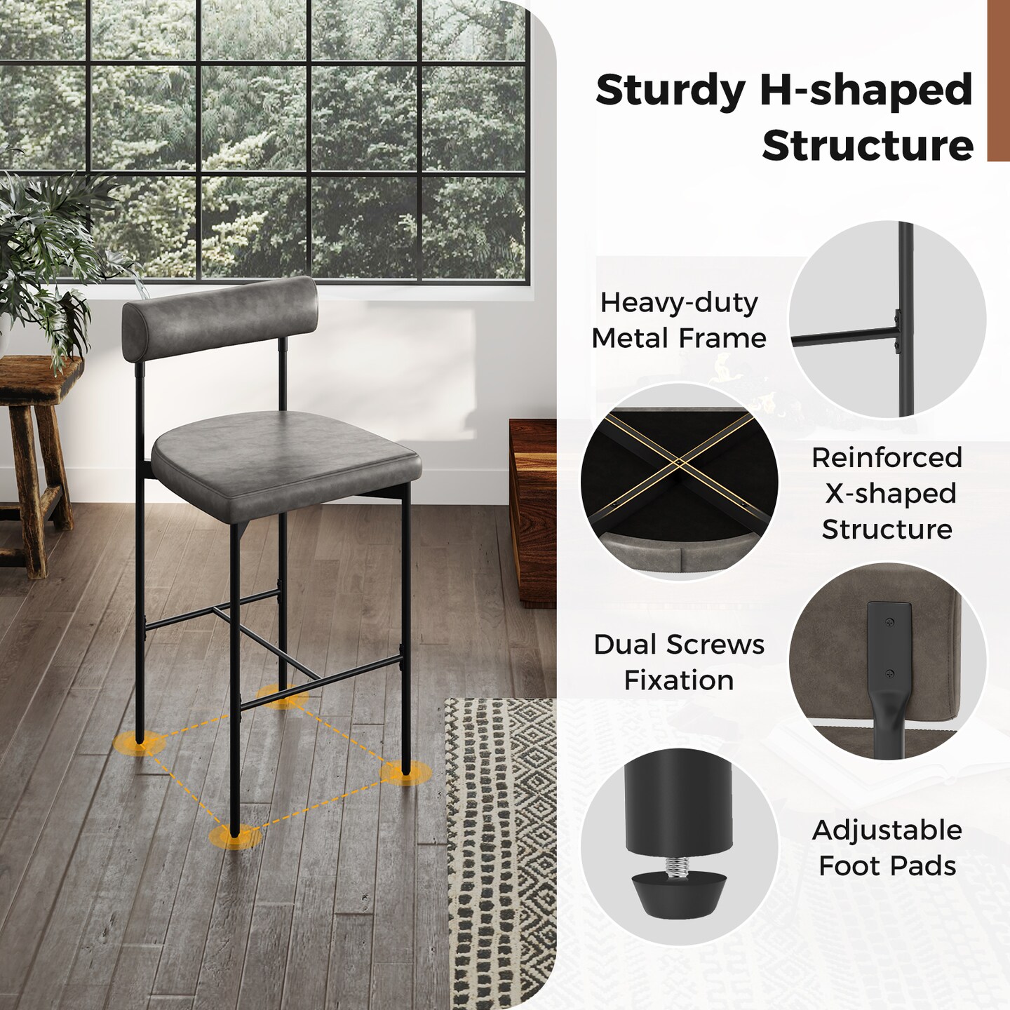Set of 2 20-Inch Upholstered Bar Stools with Backrest for Counter Height Seating
