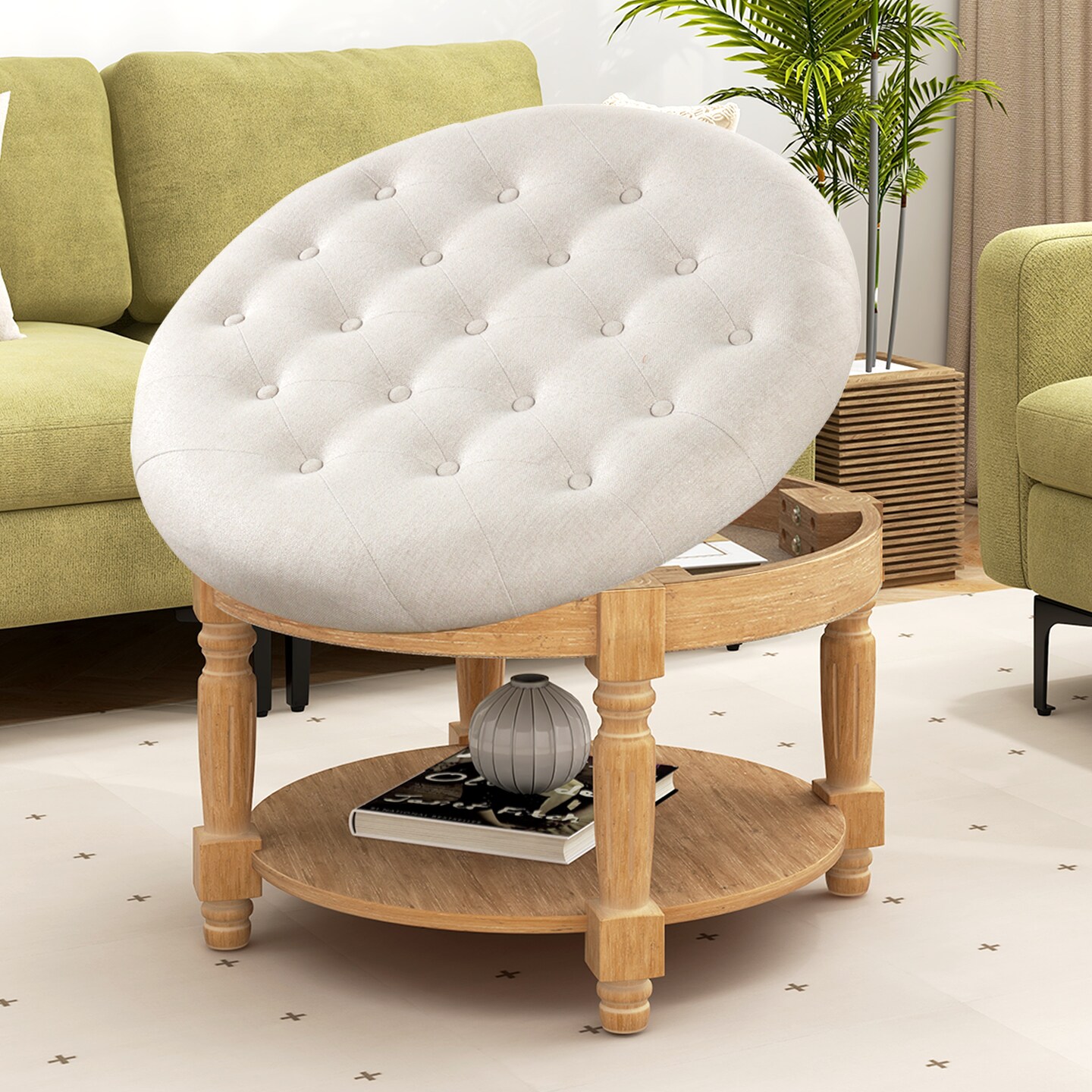 29 Inch Large Round Ottoman Coffee Table 2-Tier Upholstered Tufted Footrest Ottoman with Flip-up Top