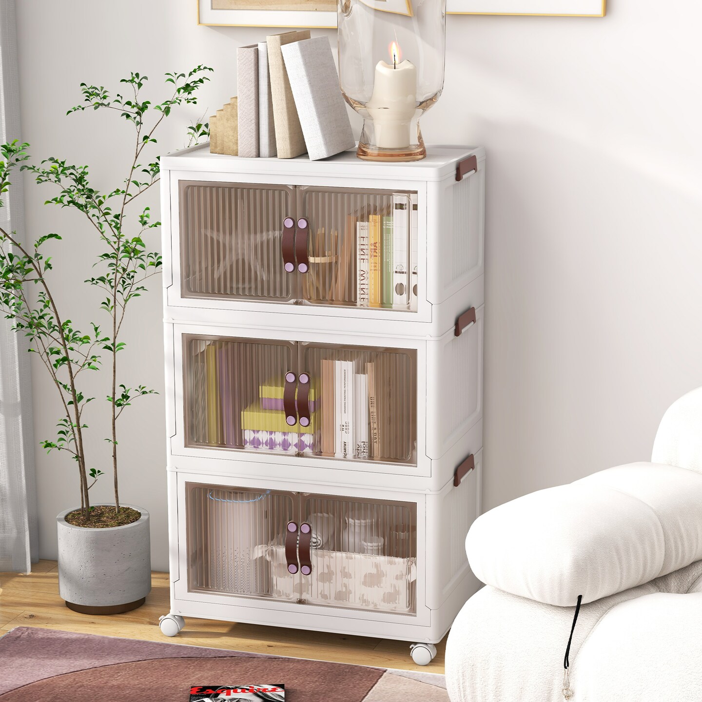 3-Tier Stackable Storage Boxes Bins with Magnetic Doors and Lockable Casters