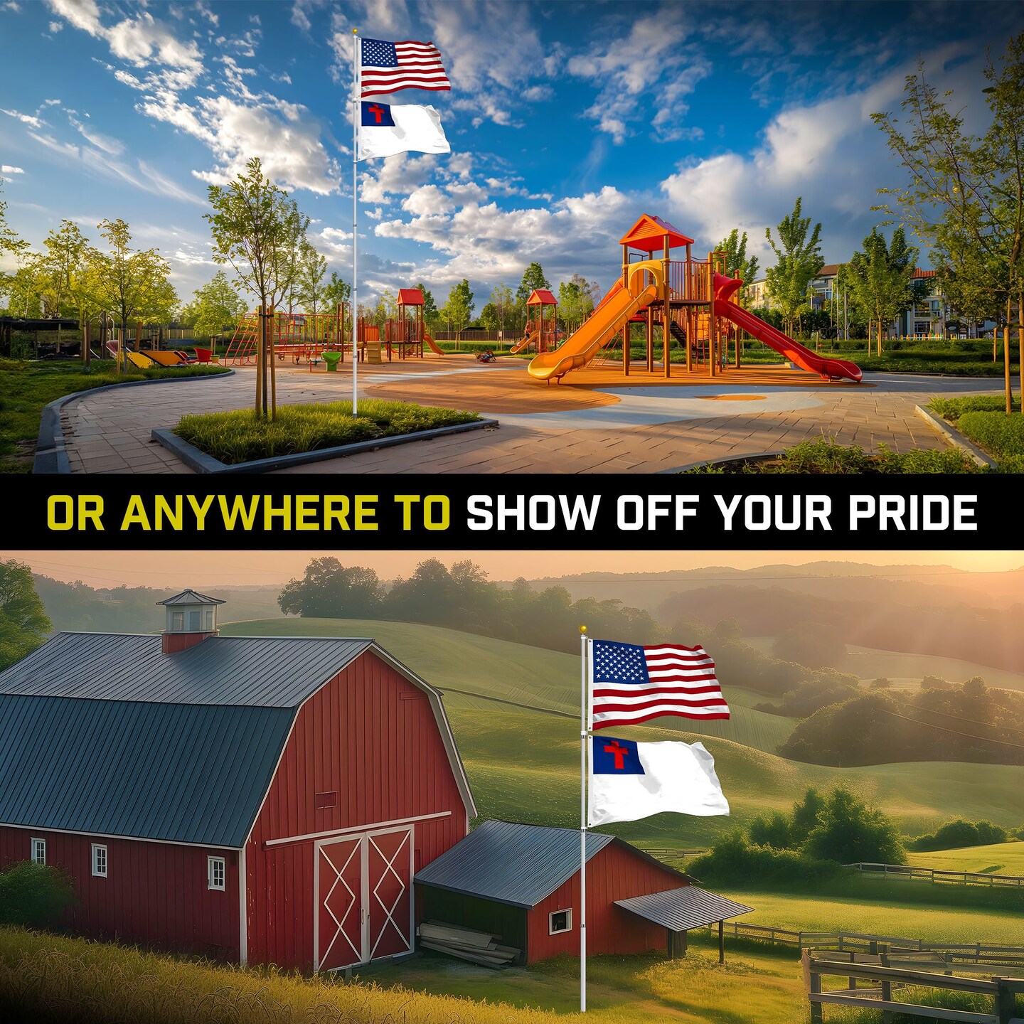 G128 Combo Pack: 25 Ft Telescoping Aluminum Flagpole (Silver) &#x26; American and Christian Flags 3x5 Ft, Both StormFlyer Series Embroidered 220GSM Spun Polyester | Pole with Flags Included