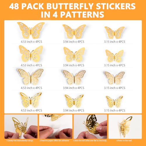 Crosize 48 Pcs Gold Butterfly Decorations, 4 Styles 3 Sizes, Butterfly Wall Decor, 3D Butterfly Party Decorations, Butterflies for Crafts, Bouquet, Cake Decorating, Flower Arrangements, Room D&#xE9;cor