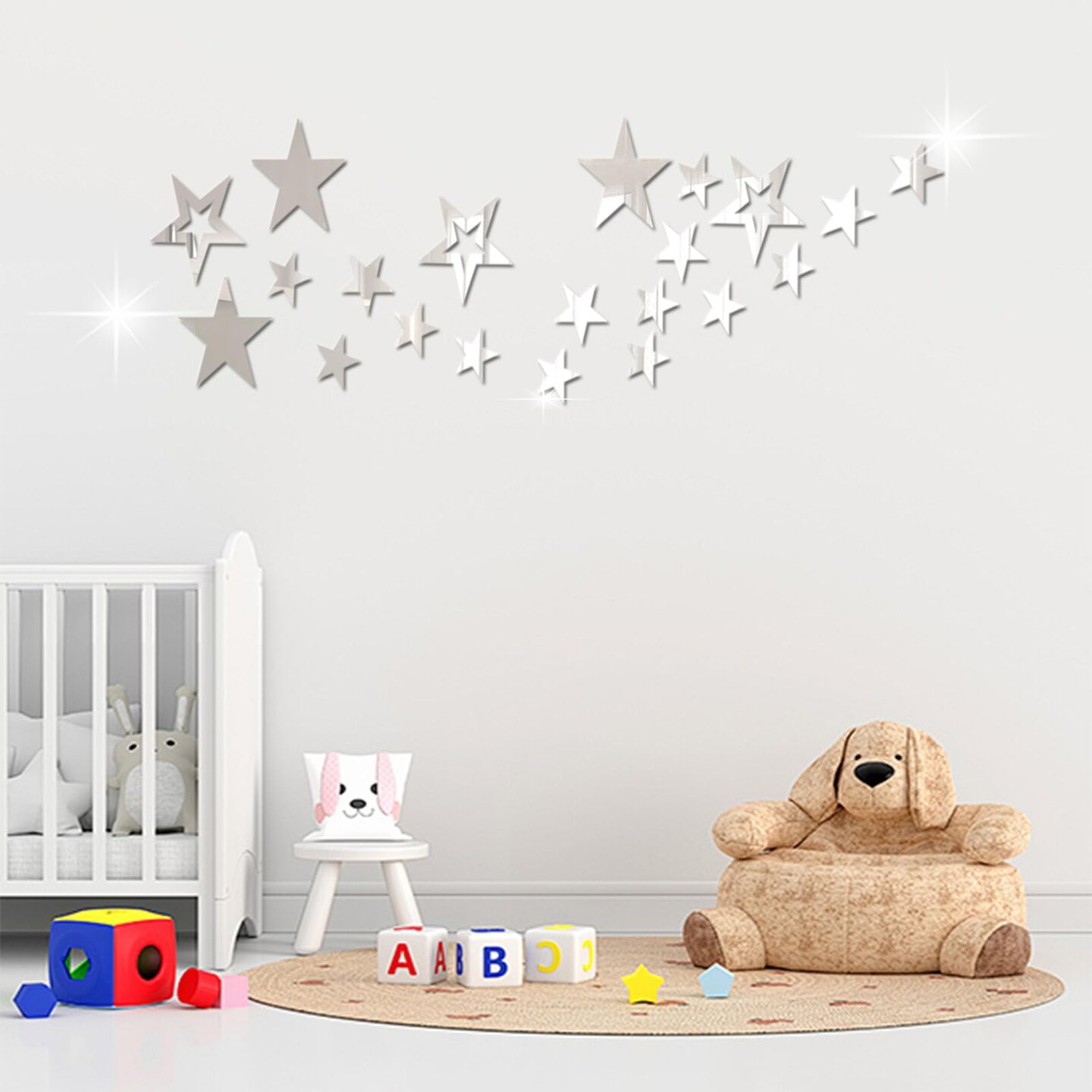 26pcs Stars Acrylic Mirror Wall Stickers 4Sizes Stars Stickers with Adhesive Art Decal 3D Wall Decorations for Baby Kids Bedroom Home DIY Decor (Silver Stars)