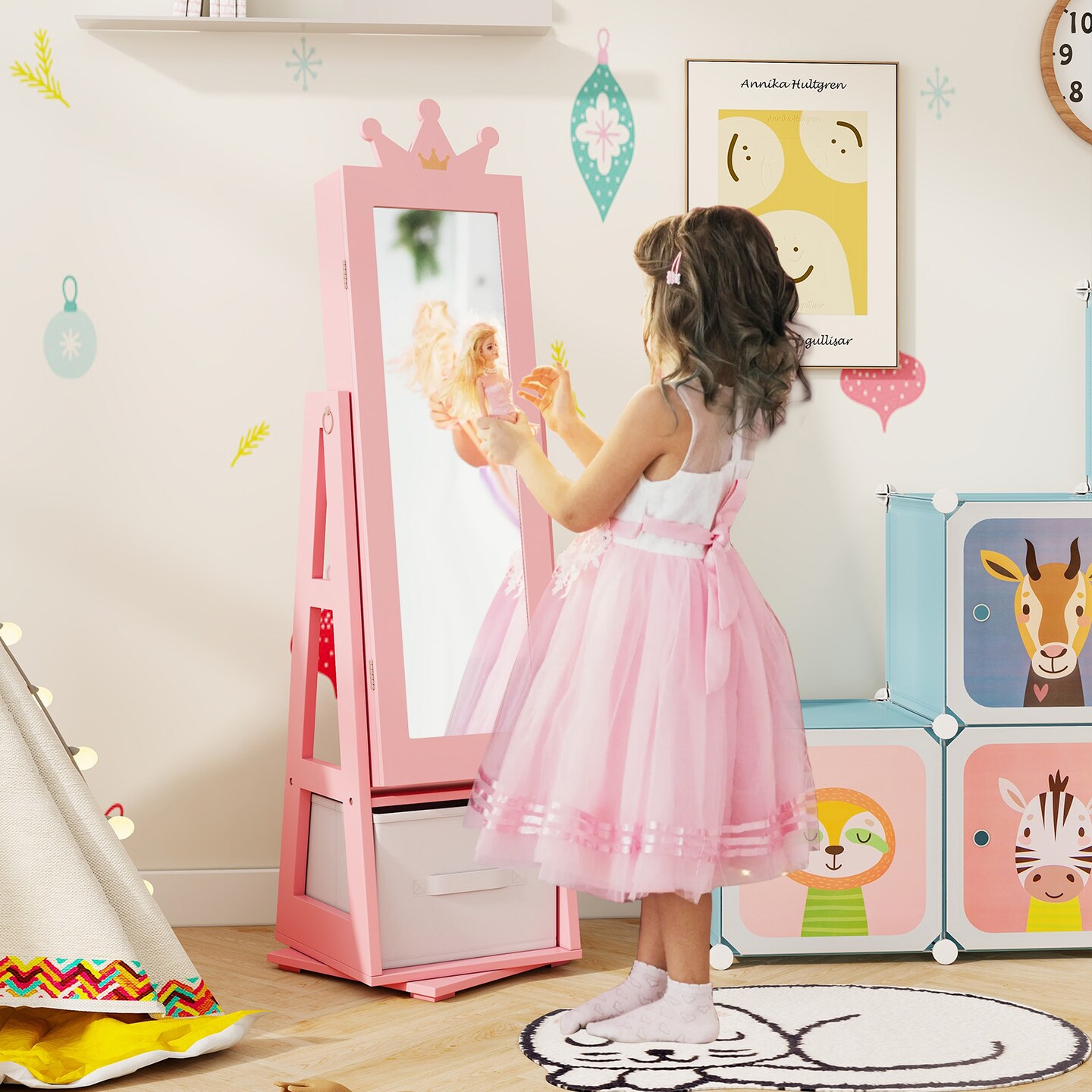 Kids Jewelry Armoire Cabinet with Large Storage Capacity and Swivel Base
