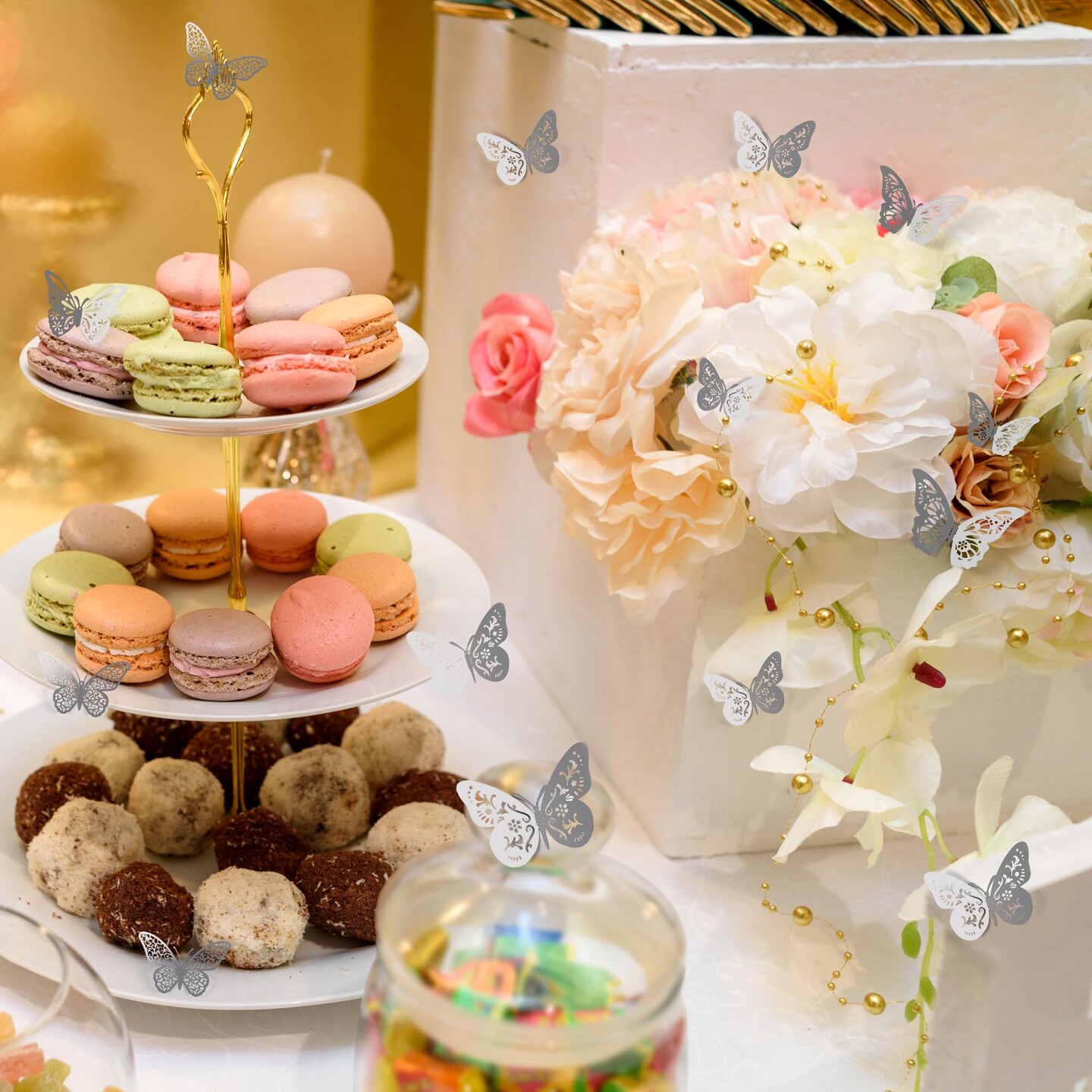 Crosize 48 Pcs Silver Butterfly Decorations, 4 Styles 3 Sizes, Butterfly Wall Decor, 3D Butterfly Party Decorations, Butterflies for Crafts, Bouquet, Cake Decorating, Flower Arrangements, Room Décor