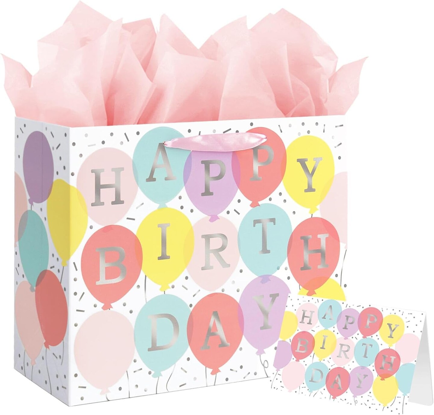 13&#x22; Large Happy Birthday Gift Bag with Tissue Paper and Card for Girls Kids Women Birthday (Colourful Balloon)