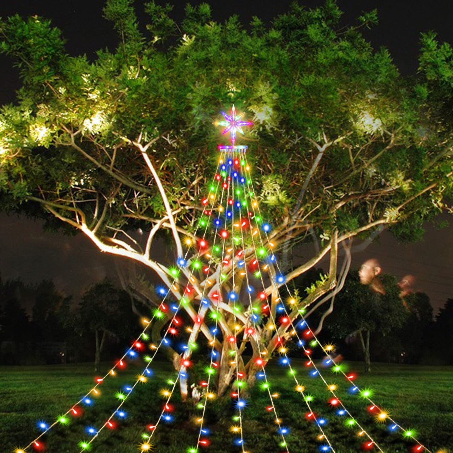 ZhenQiu Outdoor Christmas Decorations Lights, 320 LEDs Dipper Star String Lights with 13&#x22; Topper Star, Plug in Waterproof Hanging Fairy Lights for Xmas New Year Holiday Party Yard Patio Decor