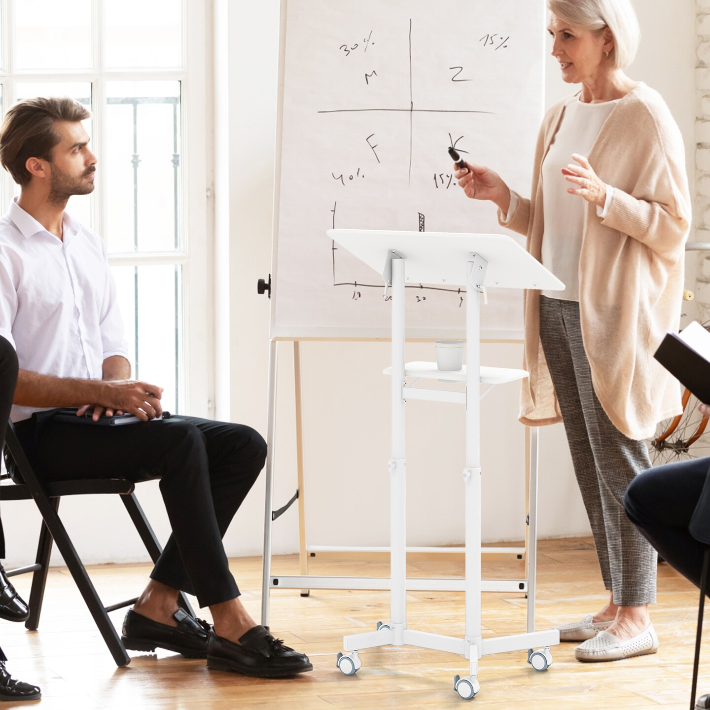 Mobile Lectern Podium Height-adjustable Rolling Laptop Cart with Tilting Top Storage Tray