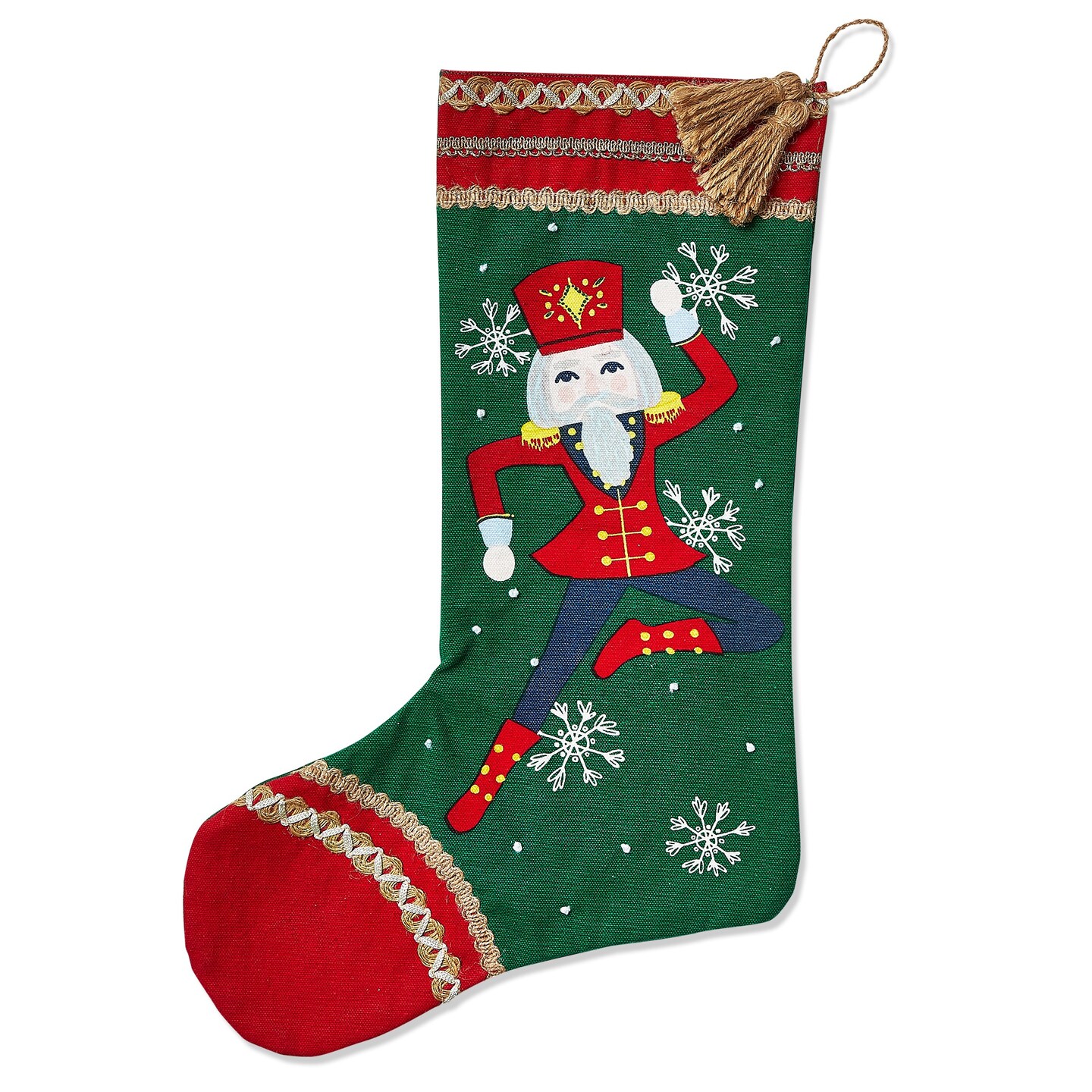 Nutcracker Ballet Theme Soldier Nutcracker Cotton Stocking with Embroidered Trim on Green Background, 18.5L x 10.5W in.