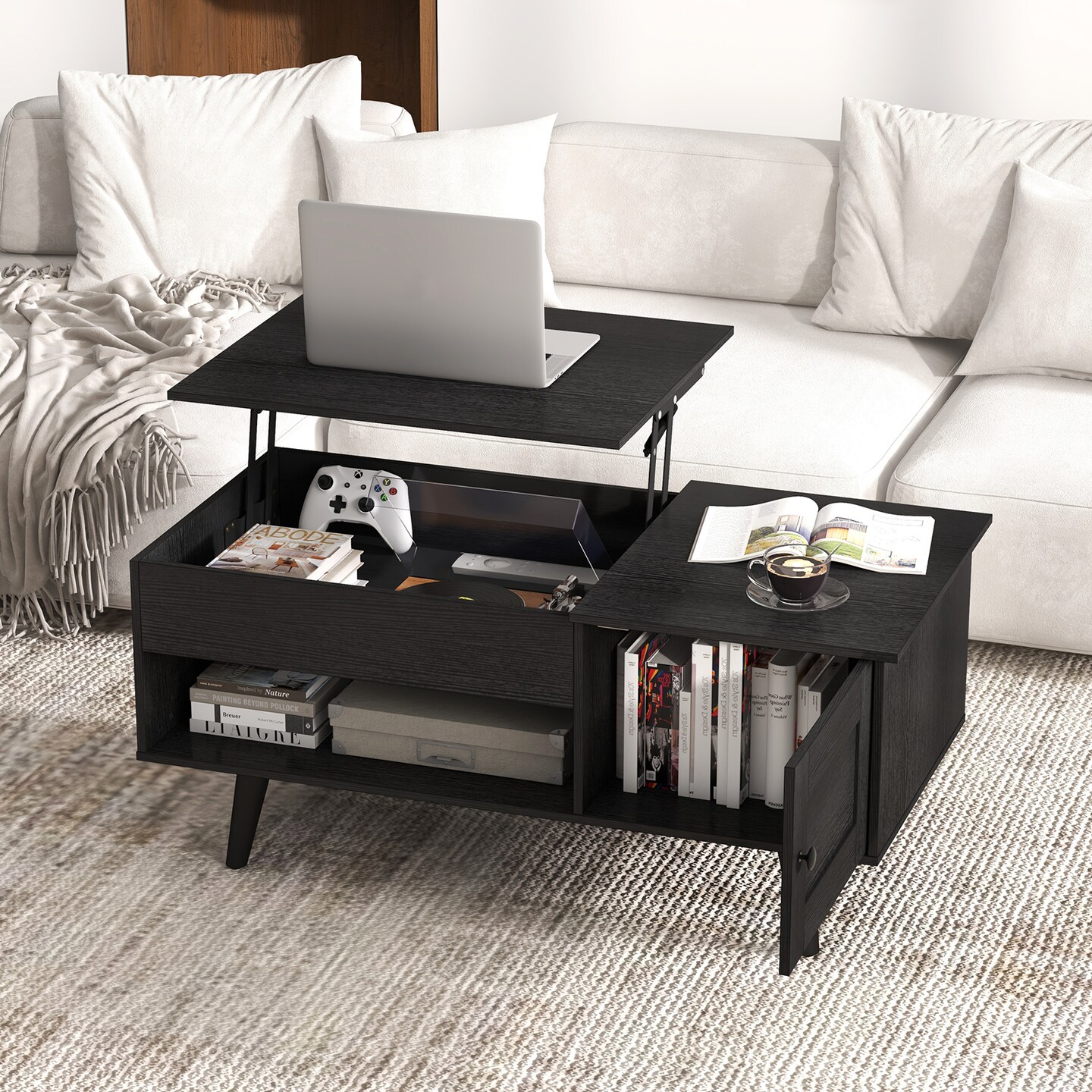 Modern Lift-Top Coffee Table with Hidden Compartment Open Shelf and Side Cabinet Wood Finish