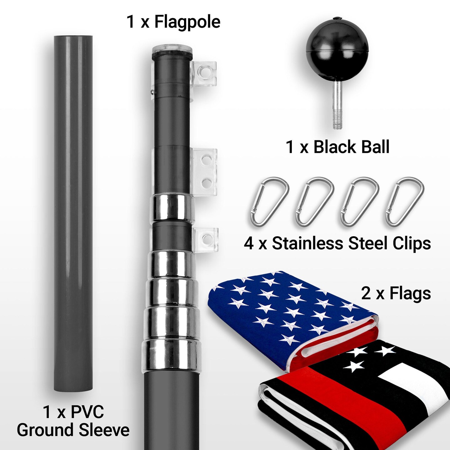 G128 Combo Pack: 25 Ft Telescoping Aluminum Flagpole (Black) &#x26; American and Thin Red Line Flags 3x5 Ft, Both StormFlyer Series Embroidered 220GSM Spun Polyester | Pole with Flags Included