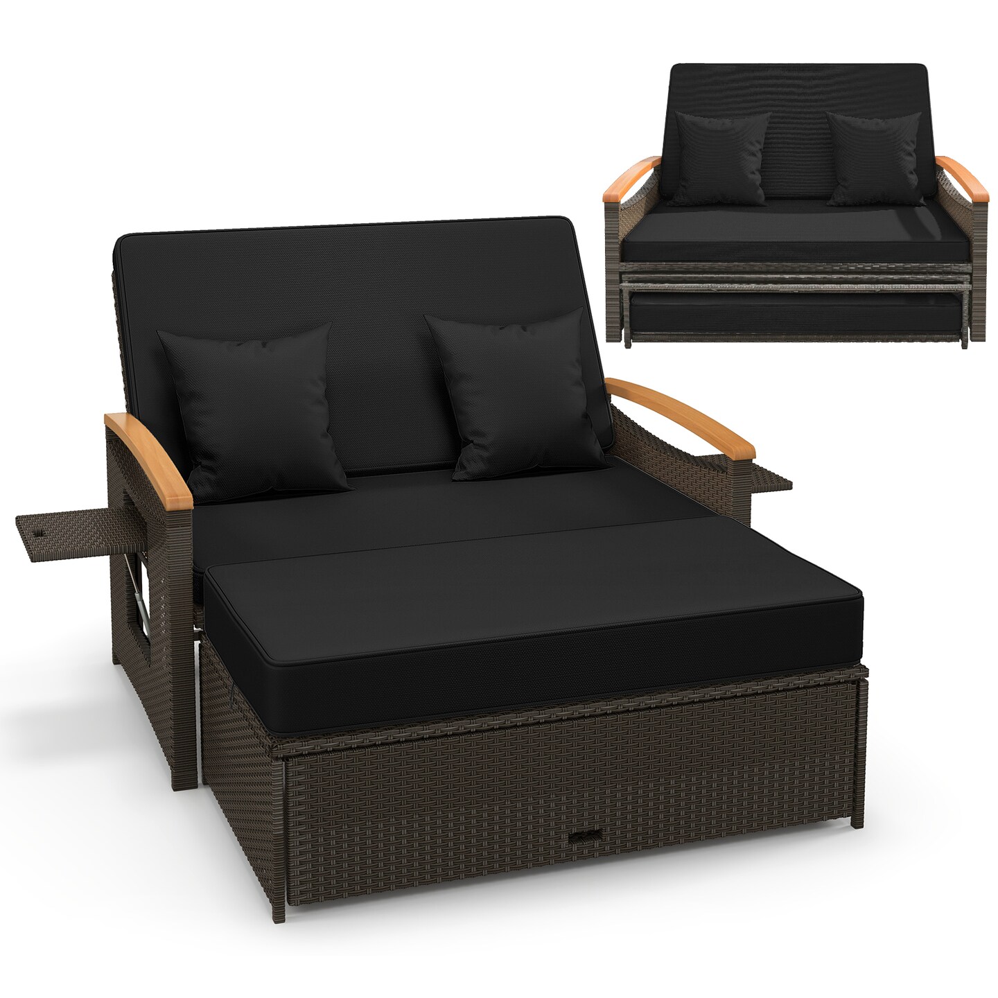 Outdoor Wicker Daybed with Folding Panels and Storage Ottoman