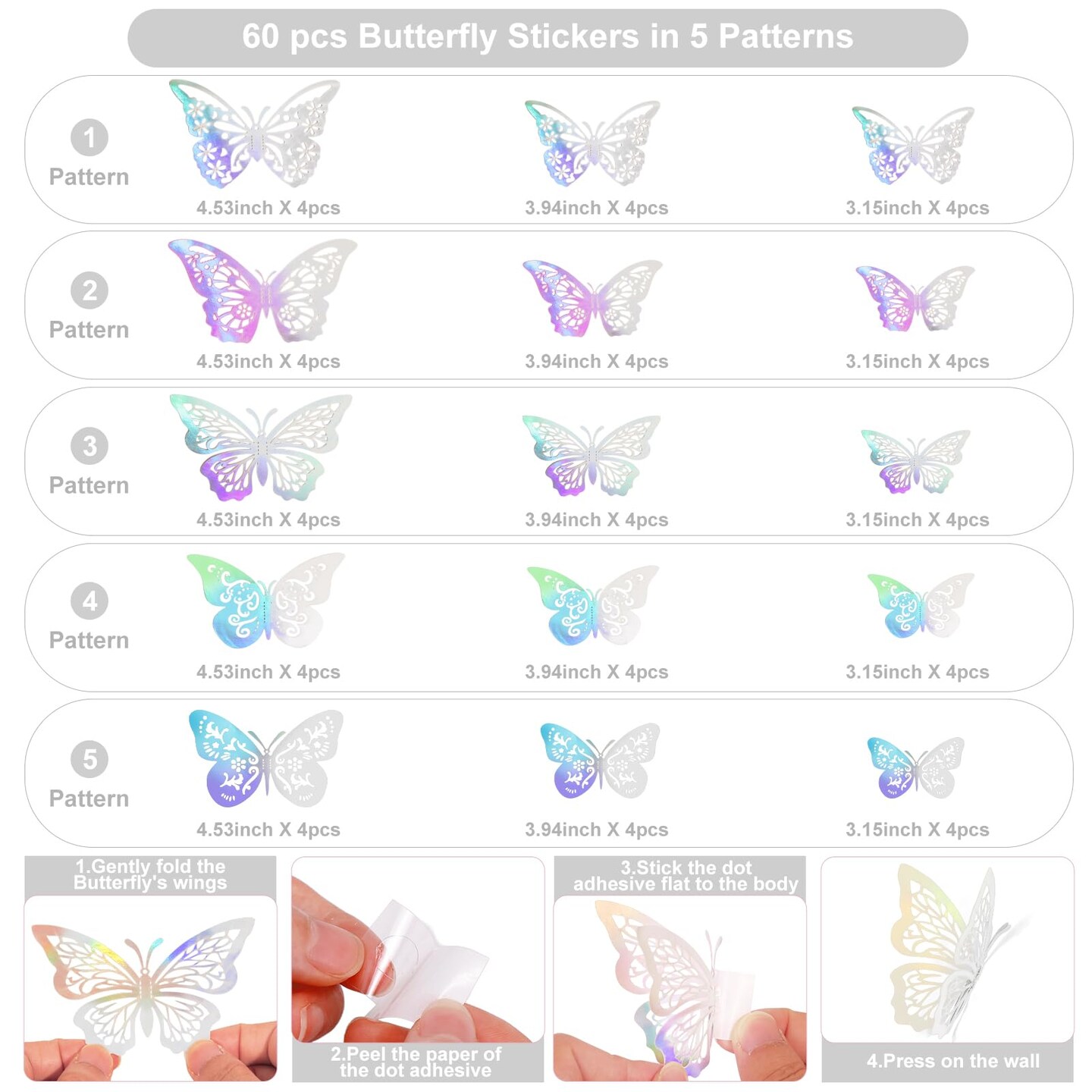 60 Pcs Butterfly Decorations, 3 Sizes 5 Styles, 3D Butterfly Cake Party Decorations, Butterfly Wall Decor, Butterflies for Crafts, Cake Decorating, Wall Stickers Room Decor (Laser Silver)