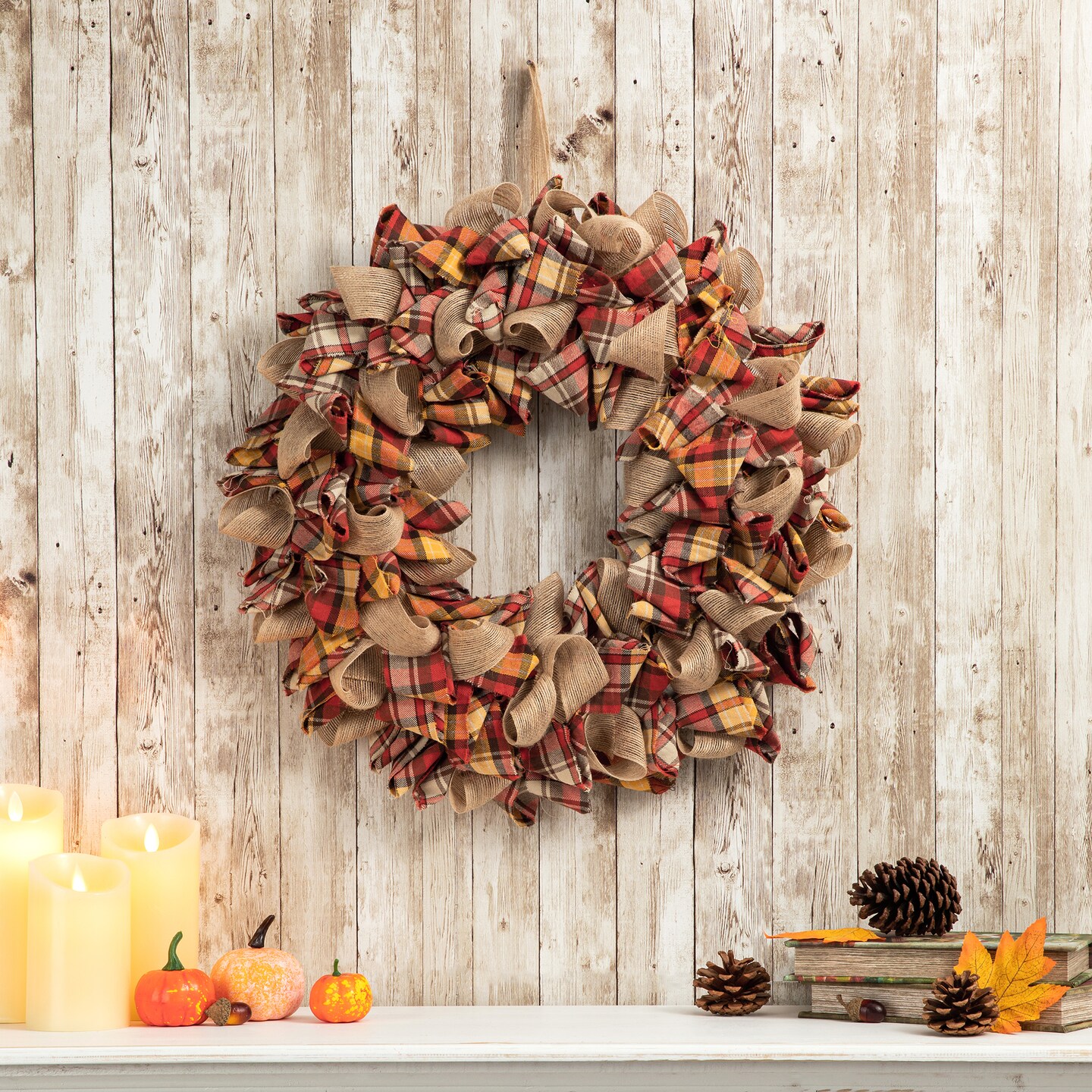 18.5&#x22;D Fall Doorway &#x26; Wall Fabric Plaid Wreath