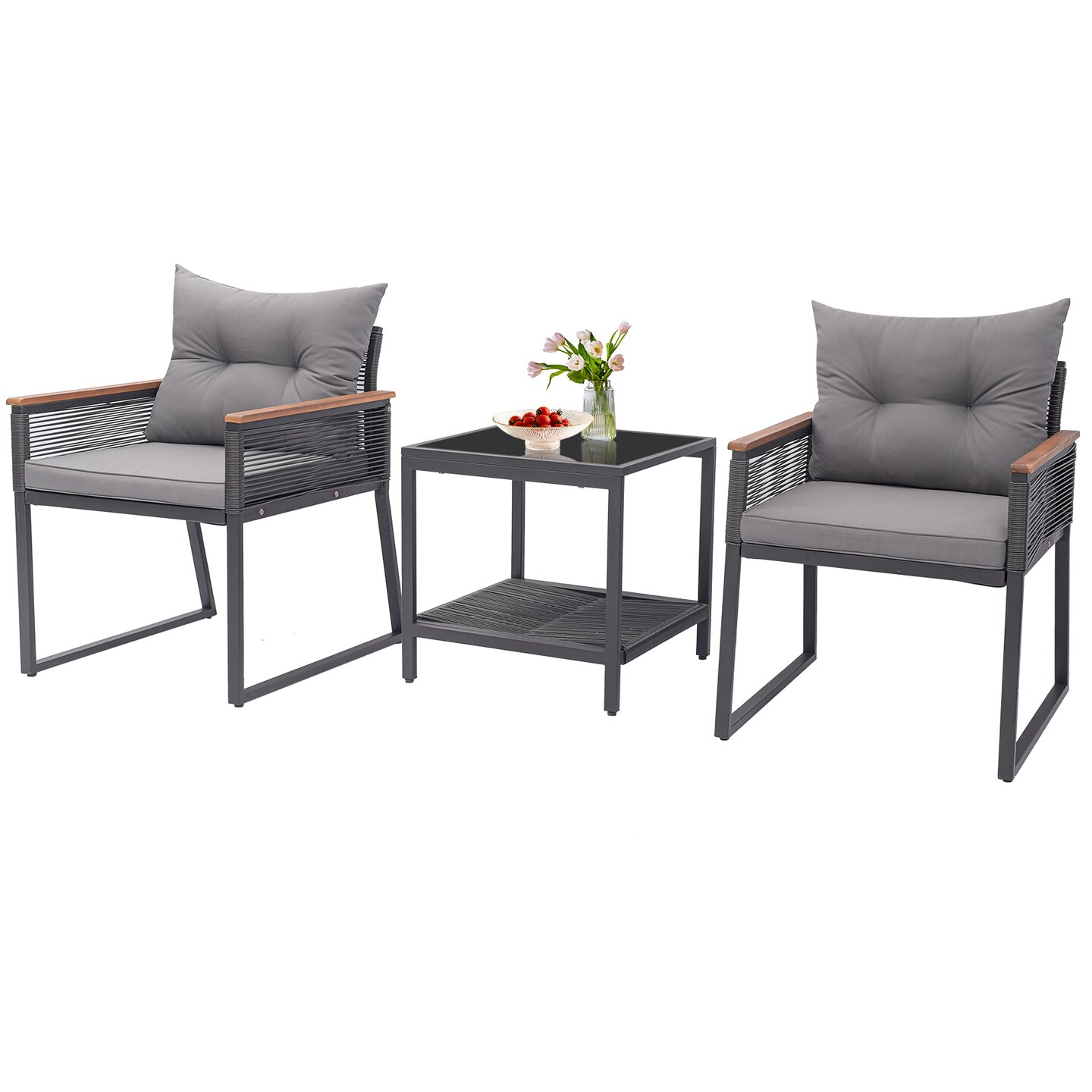 3 Pieces Patio Furniture Set with 2 Tier Coffee Table and Soft Seat Cushions-Grey