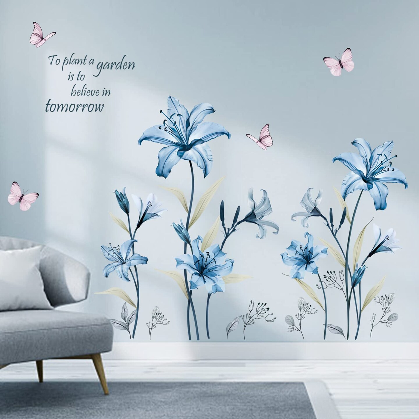 wondever Blue Lily Flower Wall Stickers Floral Butterfly Peel and Stick Wall Art Decals for Living Room Bedroom TV Wall