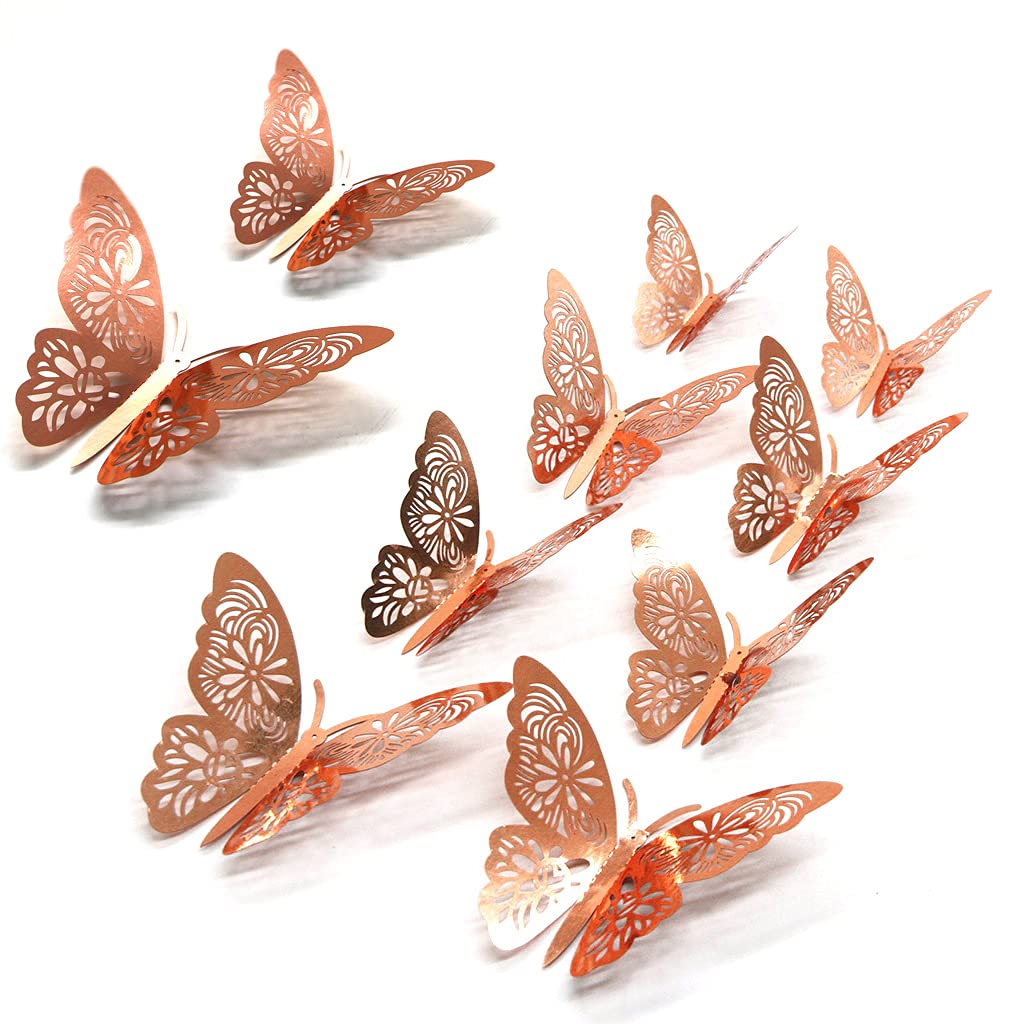 FOMTOR 3D Butterfly Wall Stickers Rose Gold Butterfly Decorations for Home Decor Cake Decorations Room Decorations Party Wedding Decor (24 Pcs)