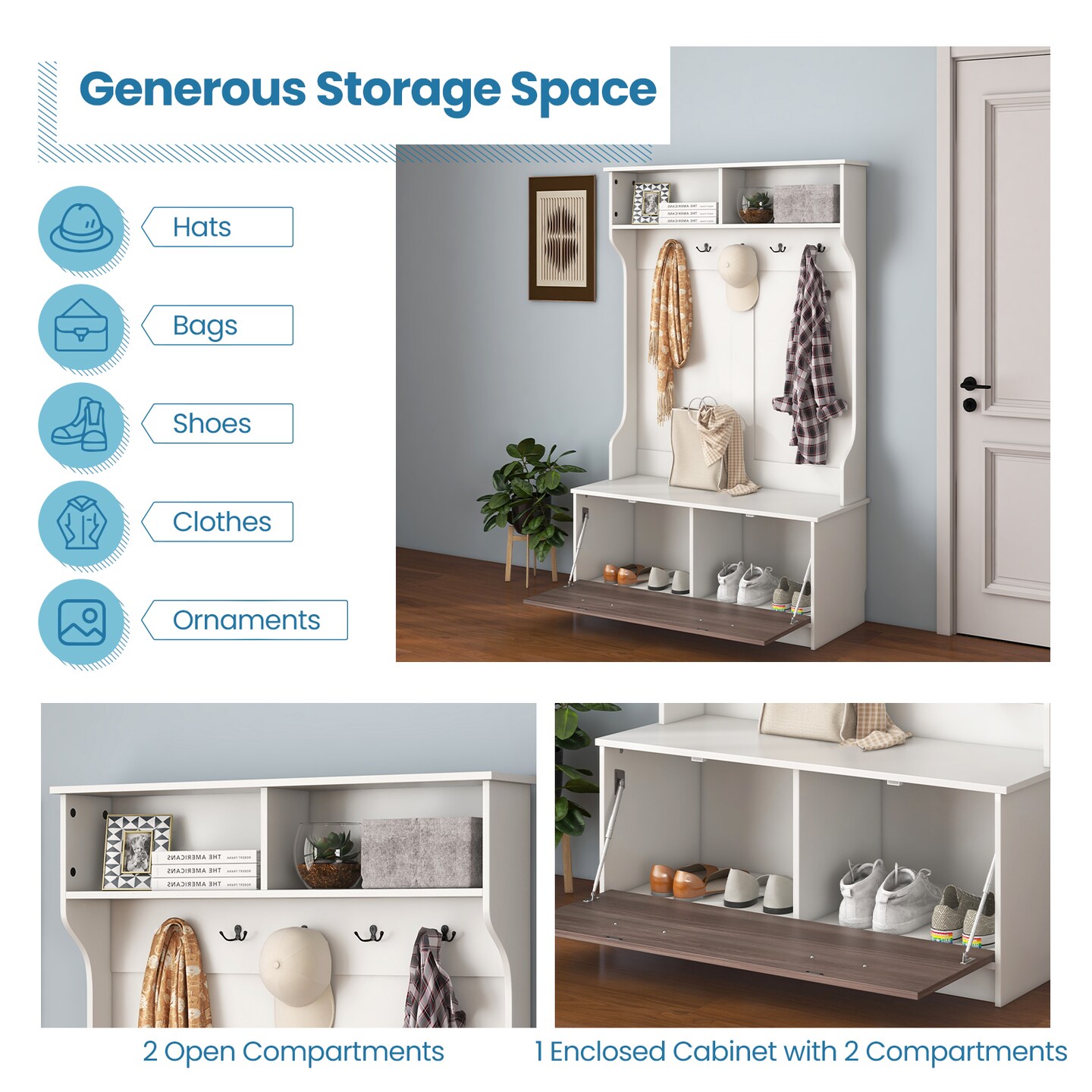 3 in 1 Coat Rack with Entryway Bench and Hooks and Enclosed Cabinet