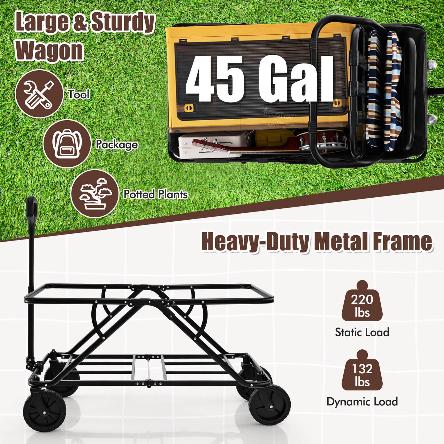 Costway Heavy-Duty Wagon Cart with Adjustable Handlebar Bottle Holders &#x26; Storage Pocket Coffee/Grey