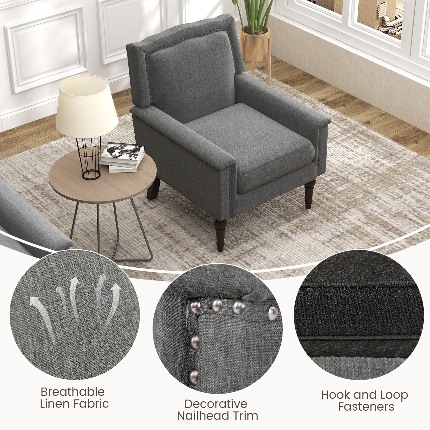 Mid-century Modern Armchair Linen Fabric Upholstered Accent Chair with Cushion