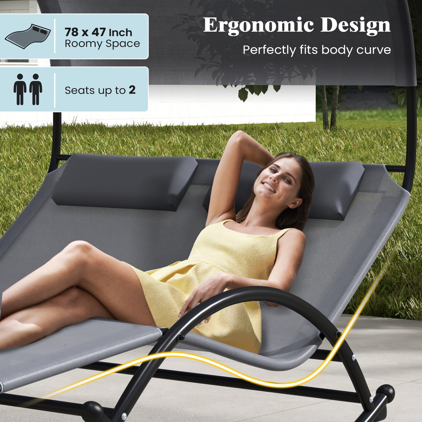 Outdoor Dual Rocker Sunbed 2-Person Canopied Patio Lounger with Detachable Headrests-Grey
