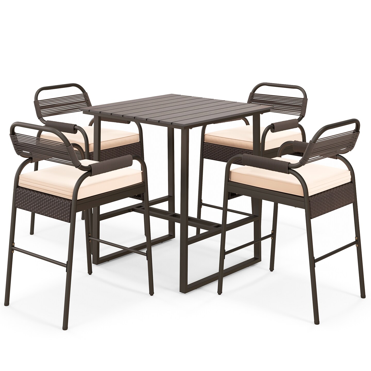 5 Piece Patio Bar Set PE Rattan Counter Table Set With 4 Stools Outdoor Furniture Mix Brown