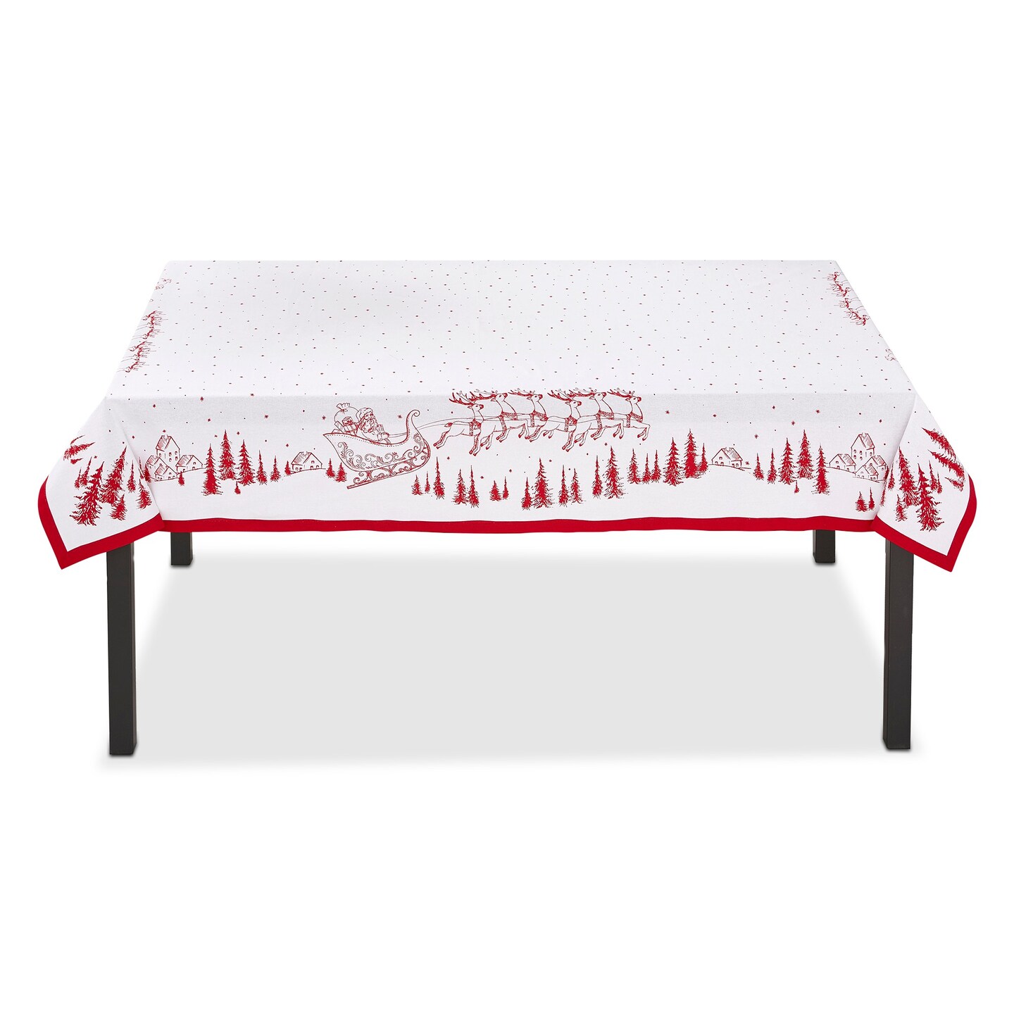 60&#x22;x 84&#x22; Santa &#x26; Reindeer Sleigh in Forest Red and White Cotton Oblong Christmas Tablecloth