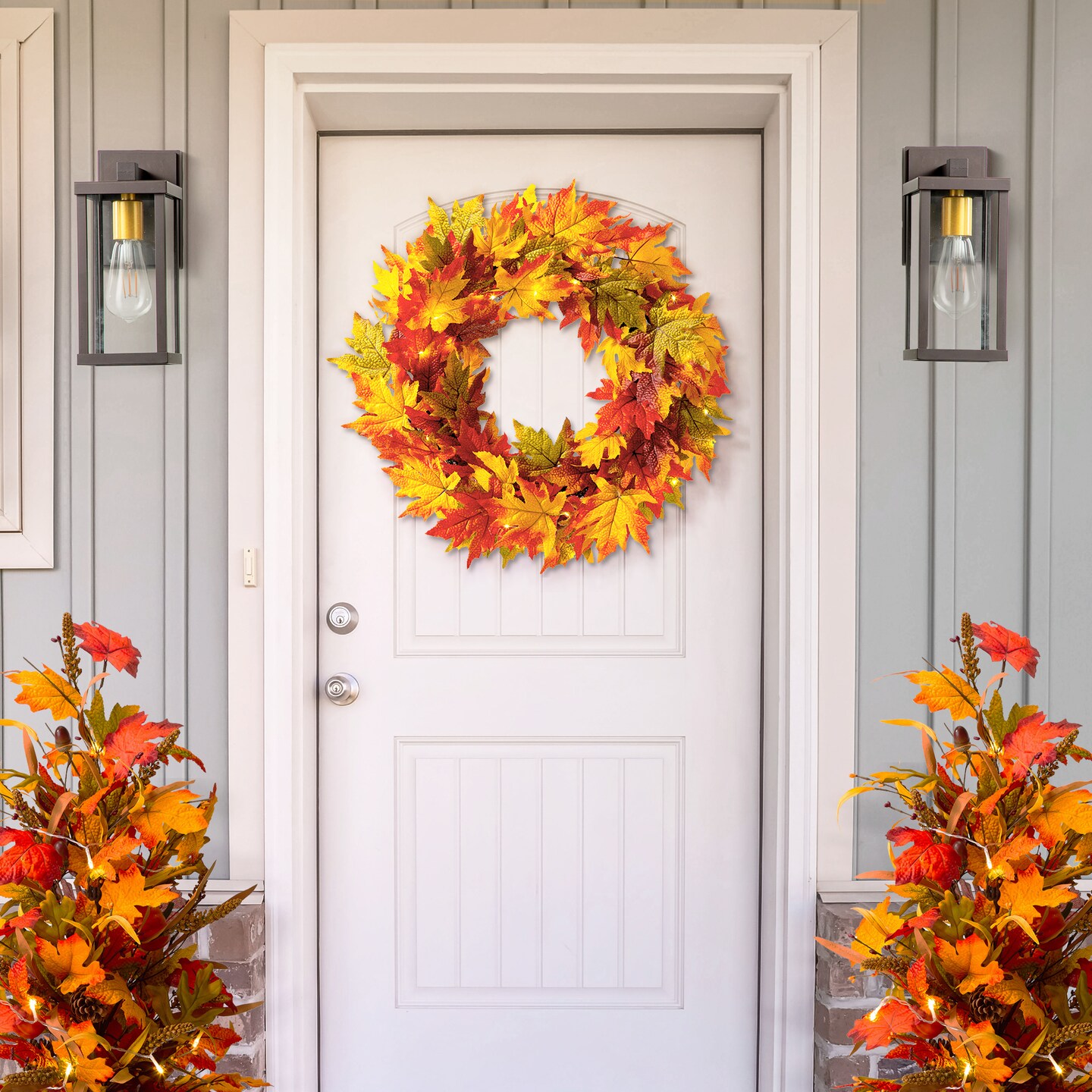 24&#x22;D Fall Lighted Maple Leaves Wreath with Timer