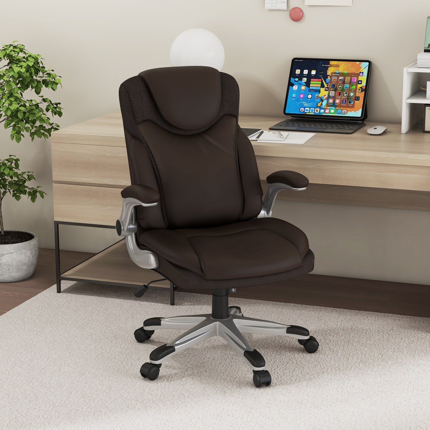 Ergonomic Office PU Leather Executive Chair with Flip-up Armrests and Rocking Function
