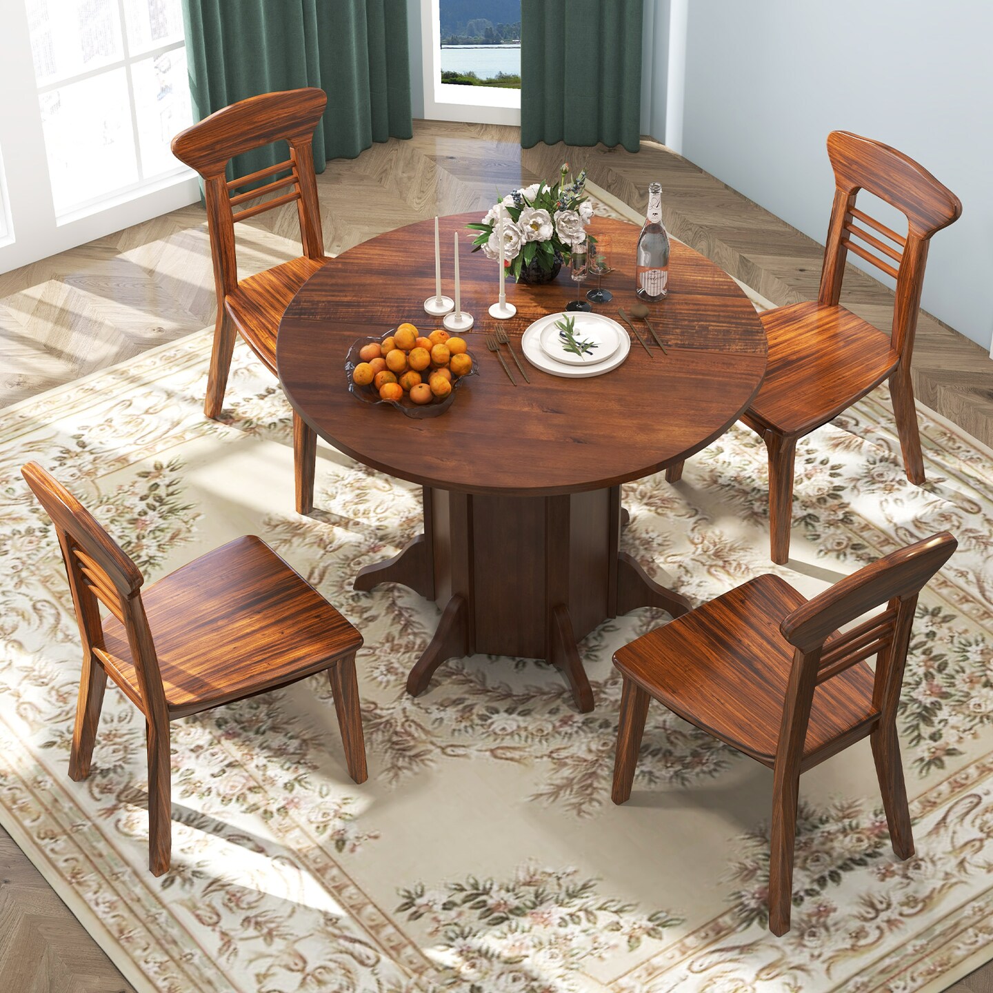 Round Dining Table with Pedestal Base for 4-6 People-Walnut - Walnut