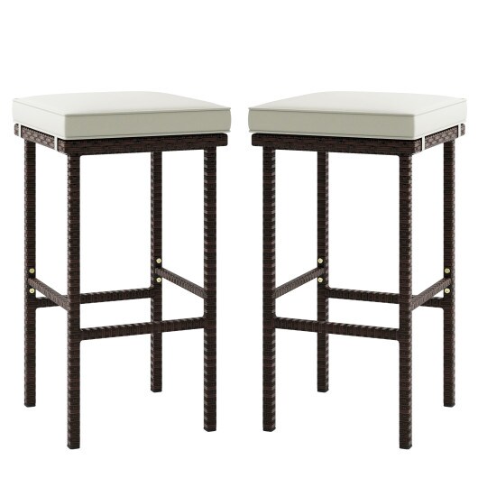Set of 2 Patio Wicker Bar Stools with Seat Cushions and Footrest