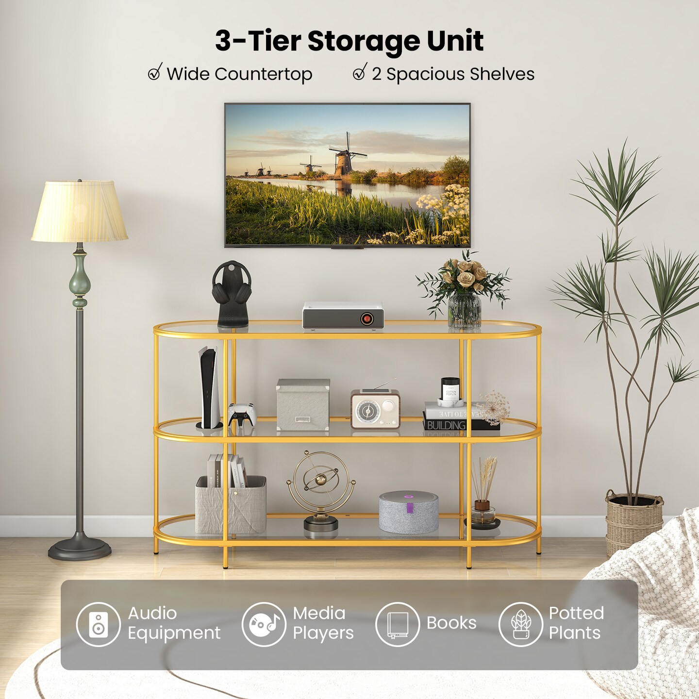 3 Tier TV Stand Console Table with Tempered Glass Shelves for Living Room-Golden