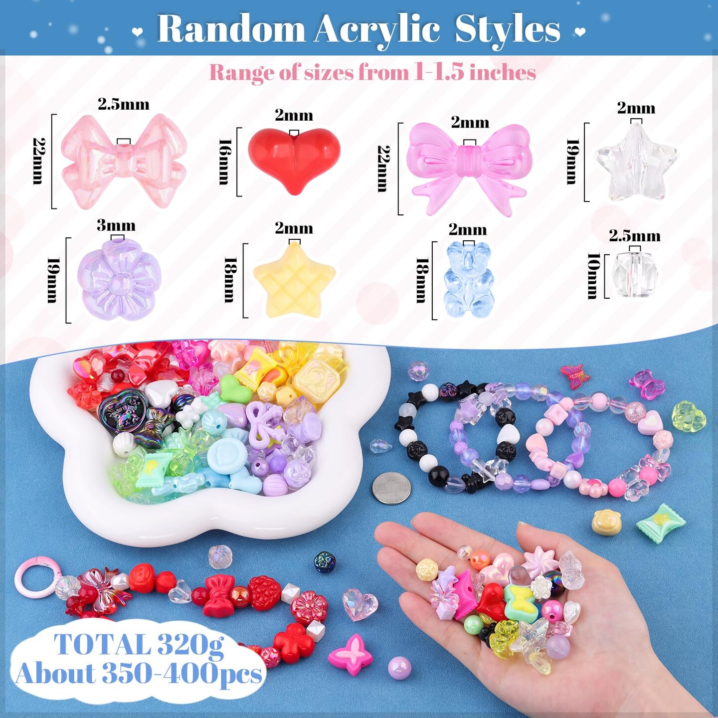 TINKRSTUFF Assorted 400PCS 8 Colors Mixed Acrylic Beads for Bracelet Making, Flower Bow Butterfly GummyBear Aesthetic Bracelet Charms,Cute Beads for Jewelry Making DIY Necklace Keychain Phone Charm