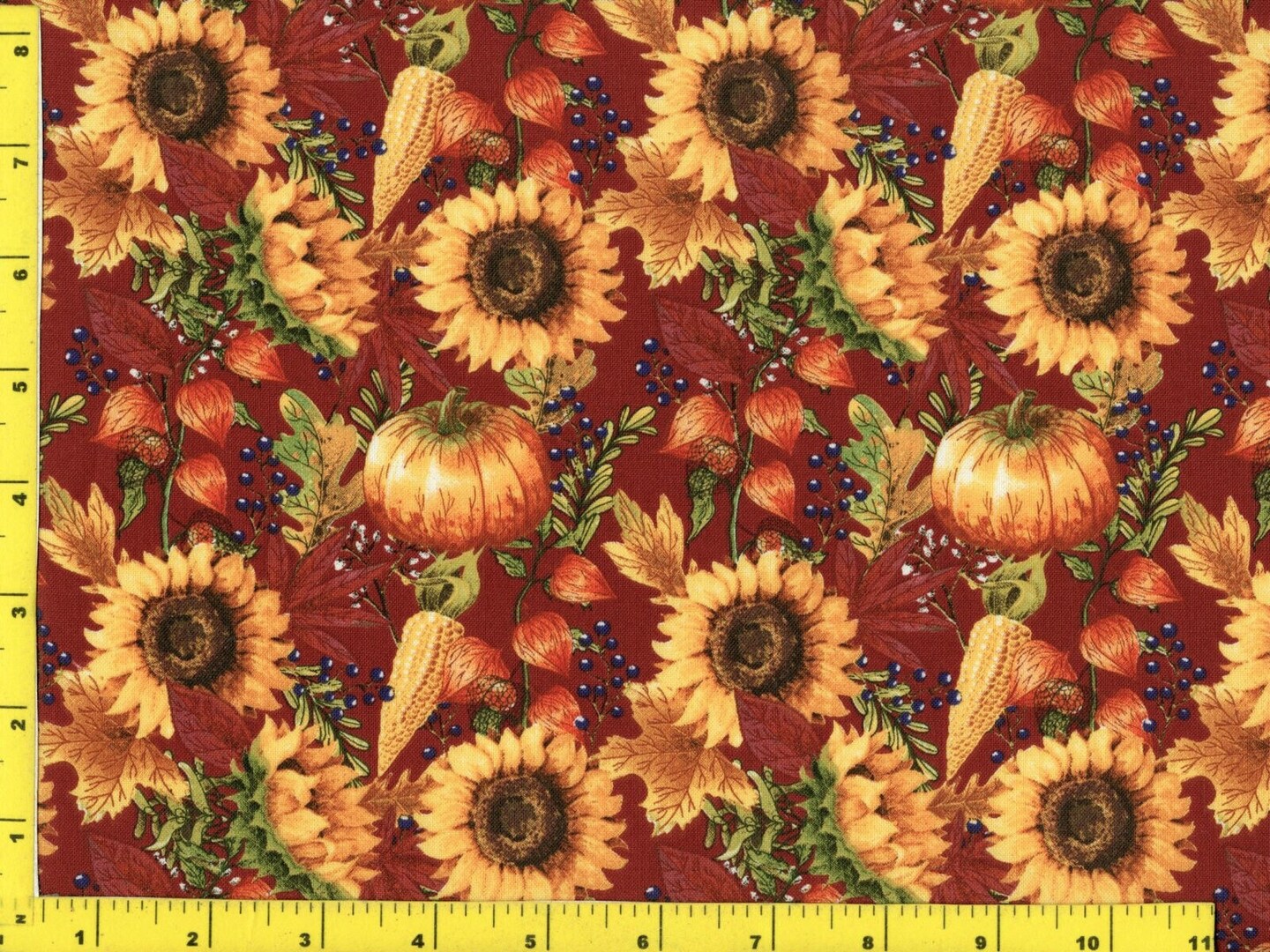 Fall Autumn Thanksgiving Pumpkins and Sunflowers on Burgundy 100% Cotton Fabric
