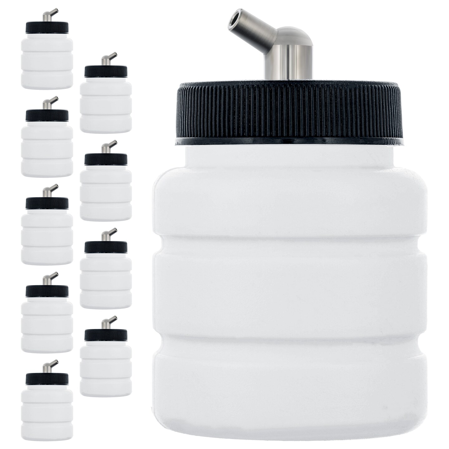 10 Pack Master Airbrush TB-005, 2.7oz Plastic Jar Bottles with 60­ Down Angle Adaptor Lid Assembly, Single-Action Siphon