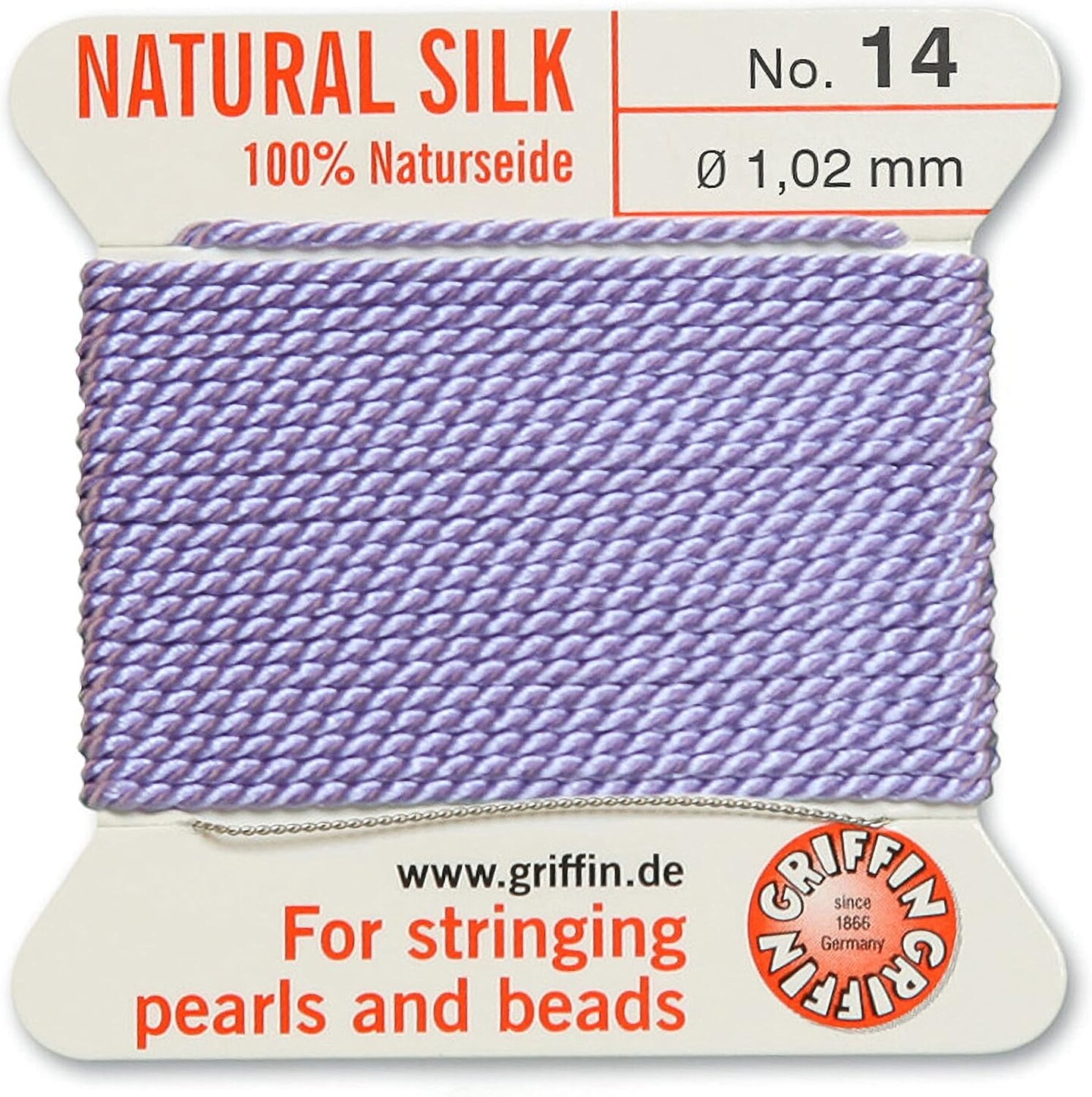 Griffin Silk Bead Cord Perlseide – Size 14 (1.02mm) – 2 Meters per Card – Stainless Steel Needle Attached – for Knotting Pearls, Gemstones, Crystals and Beads