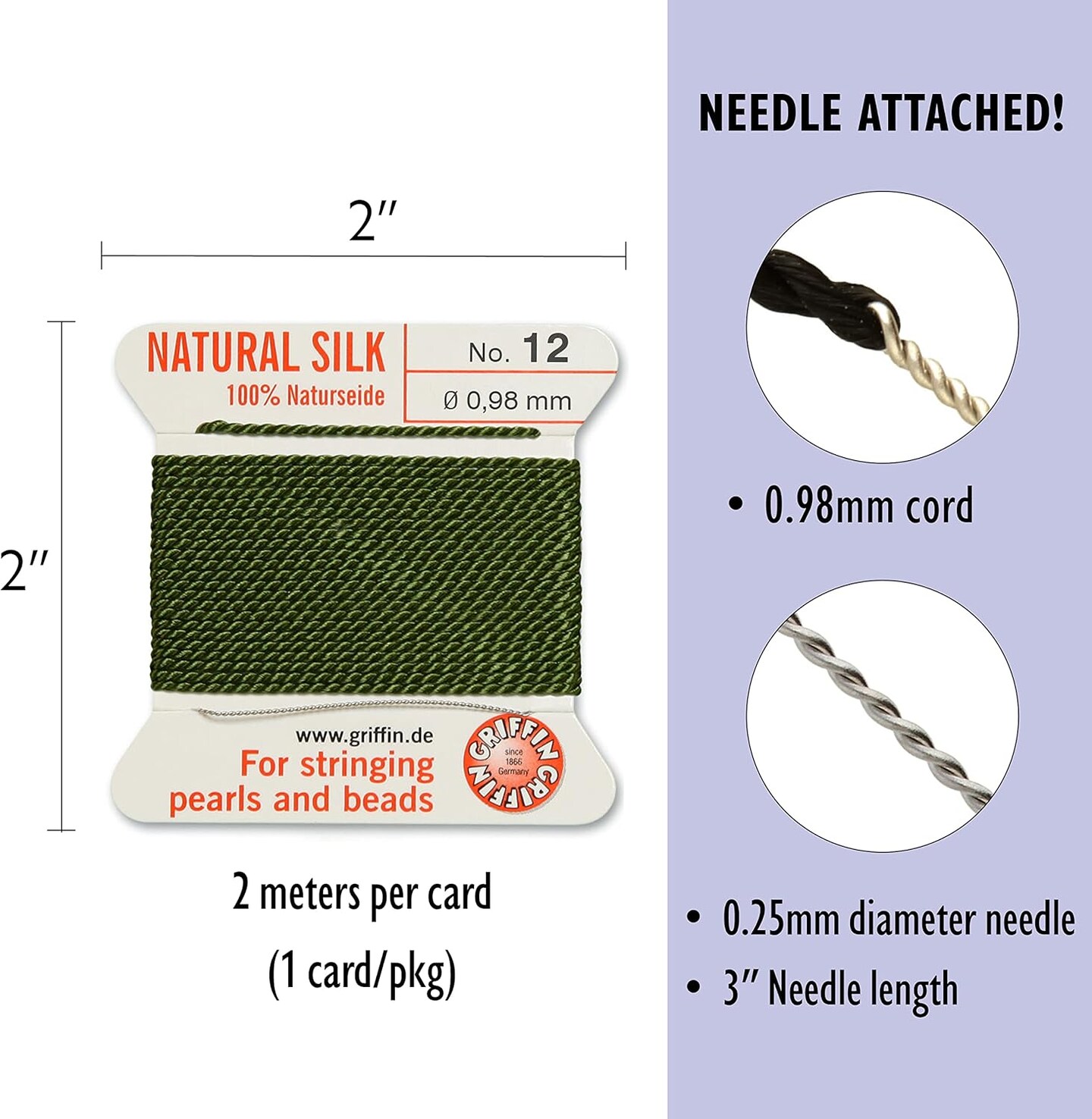 Griffin Silk Bead Cord Perlseide – Size 12 (0.98mm) – 2 Meters per Card – Stainless Steel Needle Attached – for Knotting Pearls, Gemstones, Crystals and Beads