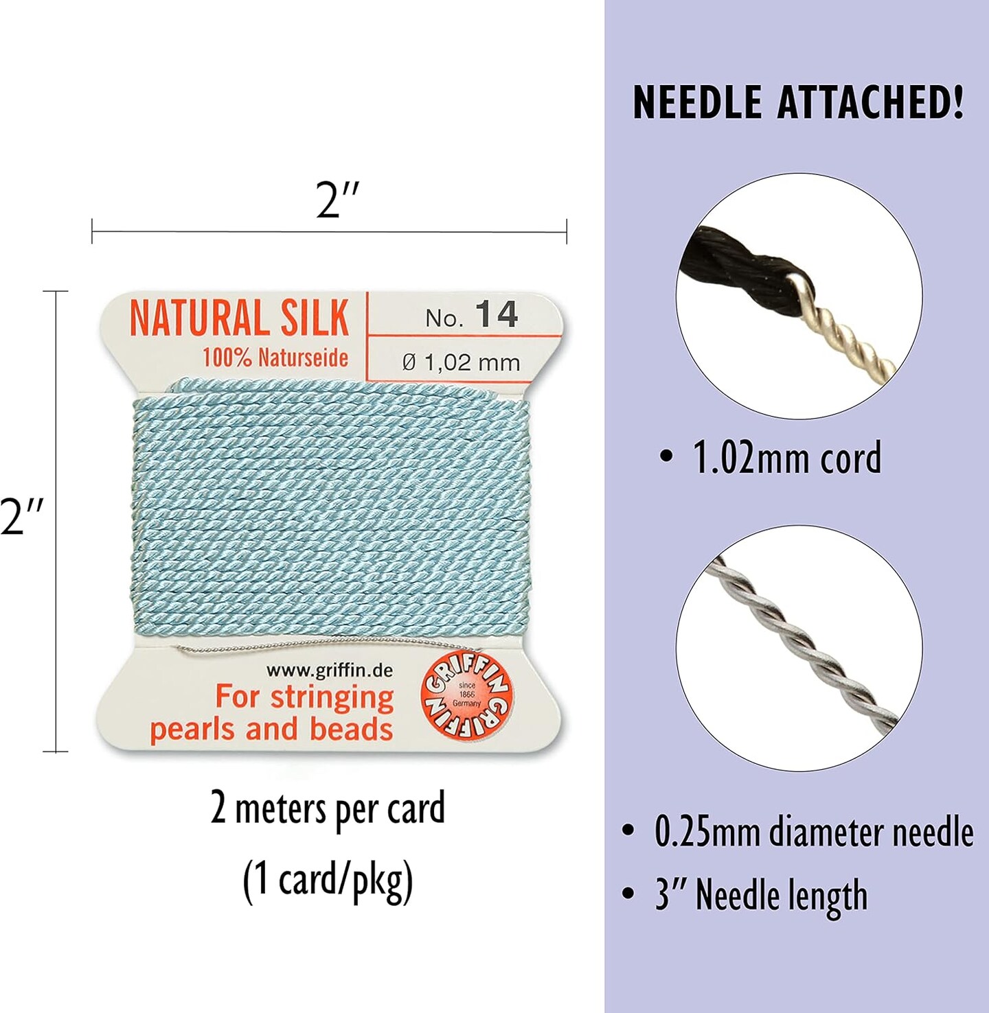 Griffin Silk Bead Cord Perlseide – Size 14 (1.02mm) – 2 Meters per Card – Stainless Steel Needle Attached – for Knotting Pearls, Gemstones, Crystals and Beads