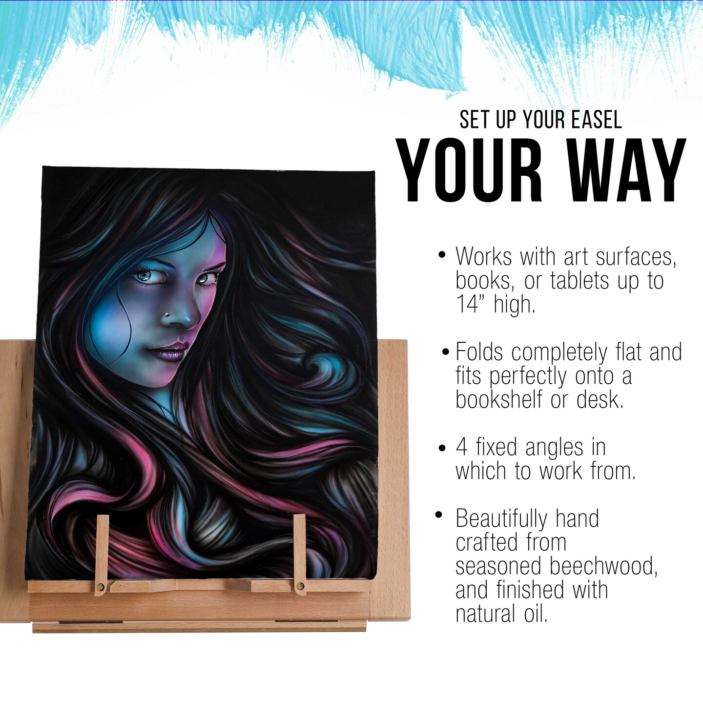 Large Wooden Table Easel - Adjustable Incline, 2 Page Holders - Functions as Wooden Cookbook Stand, Kitchen Countertop Recipe Rack, Tablet Rest & Cook Book Holder for Kitchen Counter