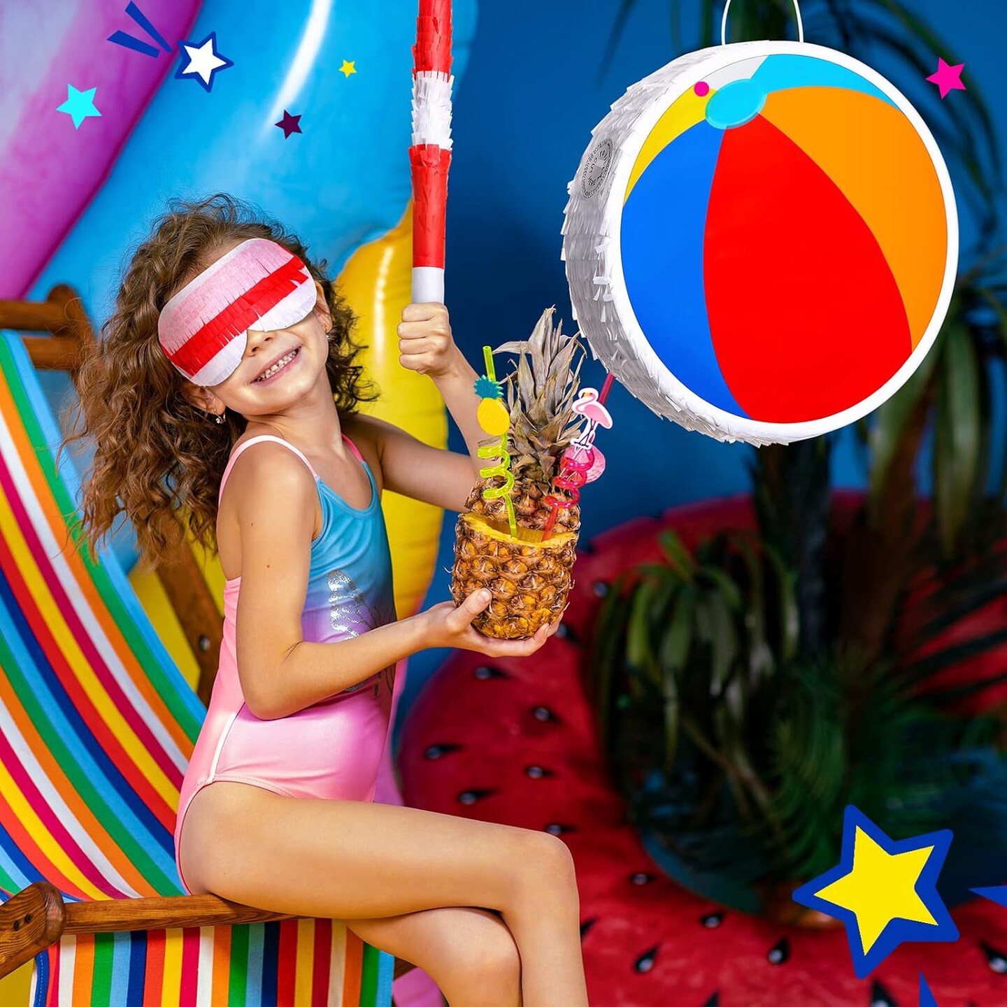 Small Beach Ball piñata with Stick and Blindfold Confetti Summer piñata Sun Flamingo Coconut Surfboard Birthday Decor