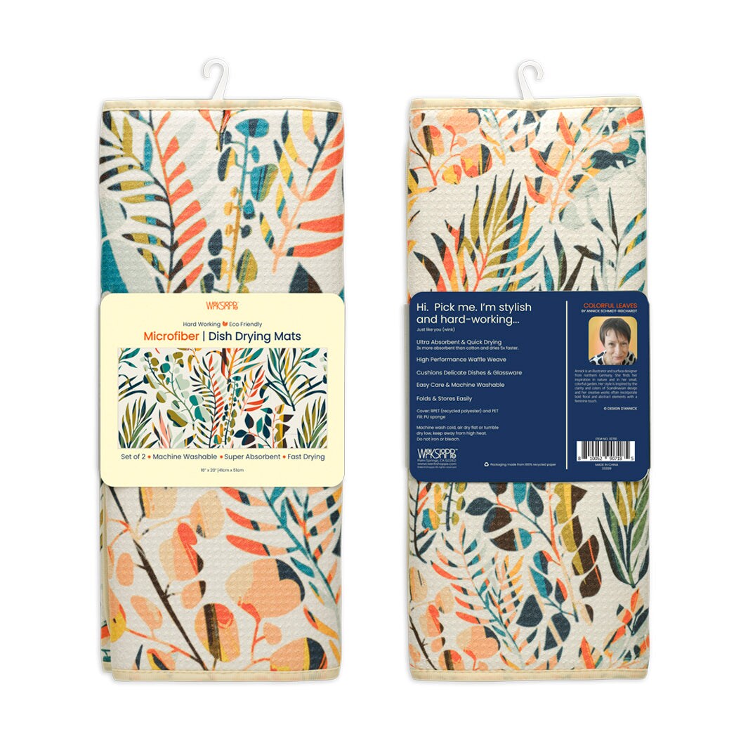 Colorful Leaves Microfiber Dish Drying Mats, Set of 2