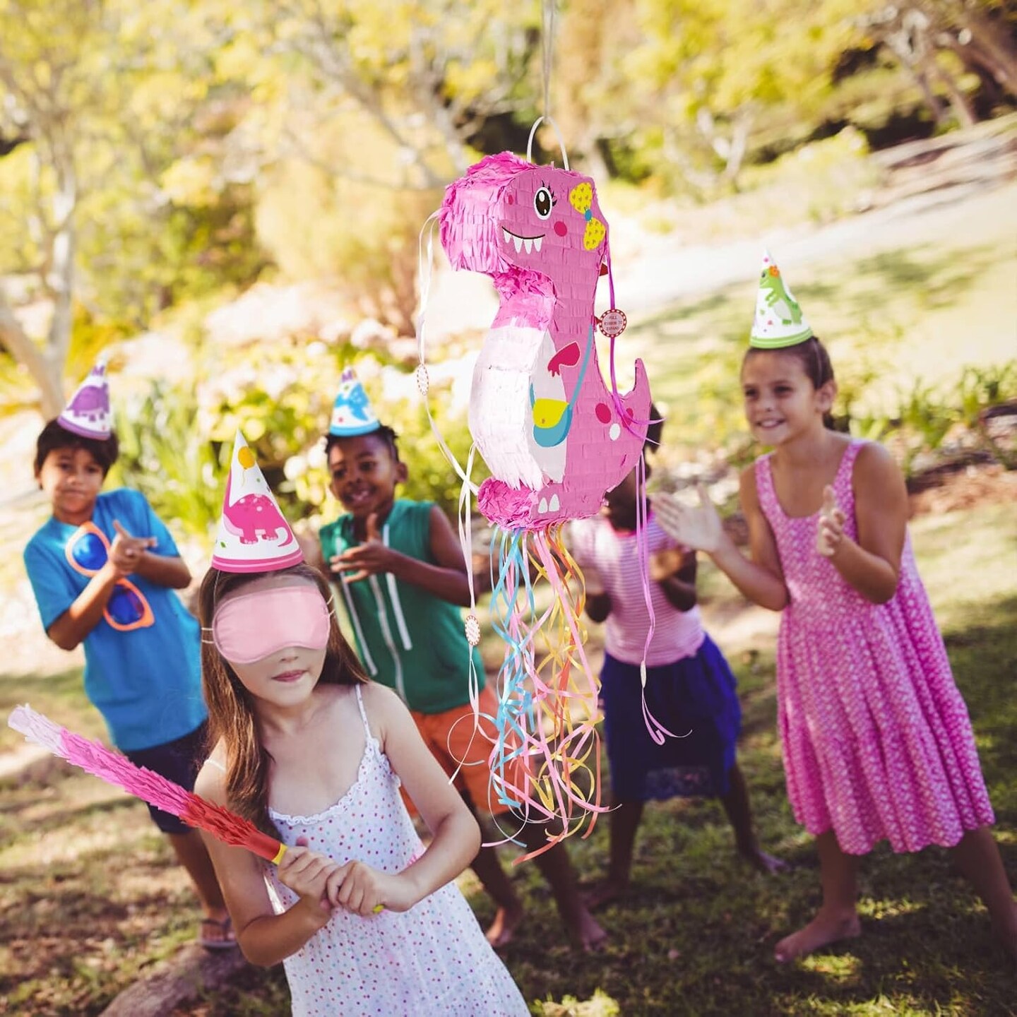 Foldable Dinosaur Pi&#xF1;ata - Pull String Dinosaur Birthday Party Supplies Extendable Pi&#xF1;ata with Blindfold Bat and Tassels Dinosaur Birthday Decoration Pink Dinosaur Pi&#xF1;atas