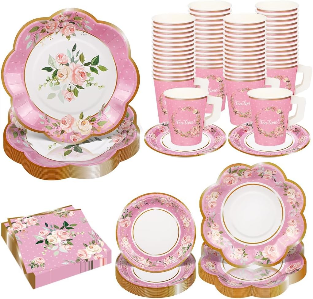 136Pcs Floral Tableware set Tea Party Supplies for 25 Floral Tea Cups with Handle 9&#x201D; 7&#x201D; Floral Paper Plates Disposable Flower Cups and Saucers Sets for Garden Birthday Bridal Wedding,Pink
