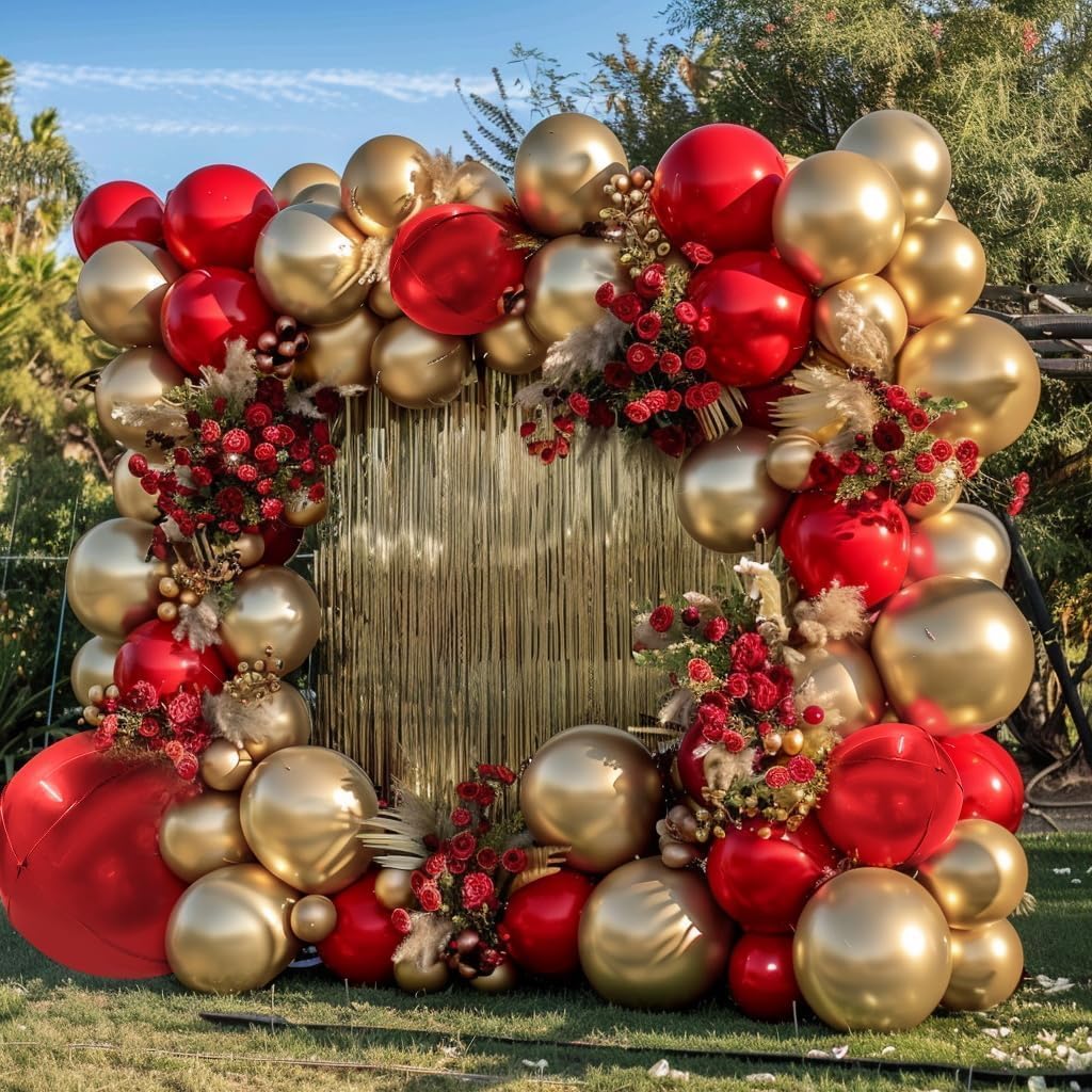 Red and Gold Balloon Garland Double Stuffed Ruby Red Gold Balloons Arch Kit With Mylar Balloon