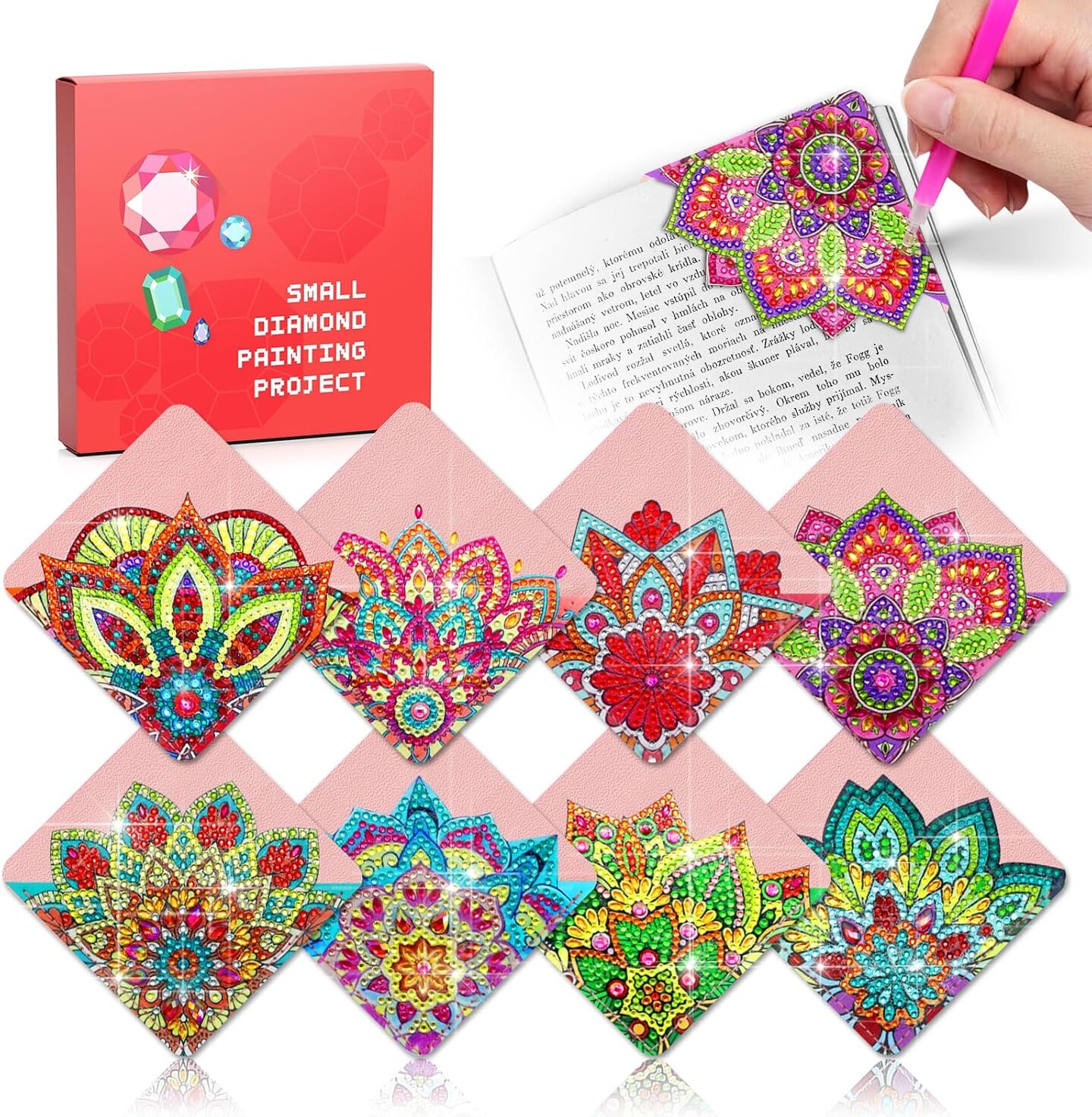 8 PCs Diamond Art Corner Bookmarks Leather Dimond Painting Book Mark Kit for Adults Paint by Dots Bookmarkers Craft DIY Gem Small Dotz Gifts for Women Mandala Flower Pink Lotus