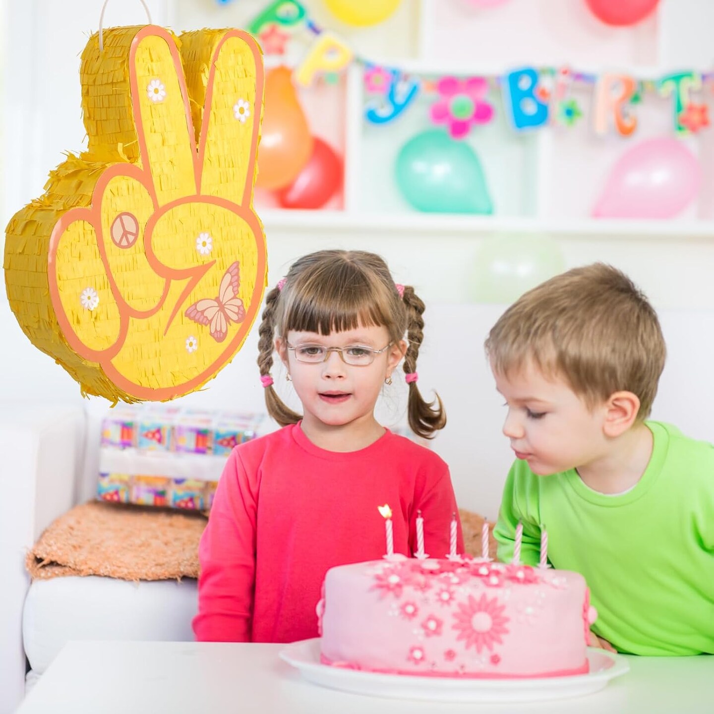 Groovy Pinata with Blindfold and Bat for Kids Groovy Hippie Theme Birthday Party Game Decorations