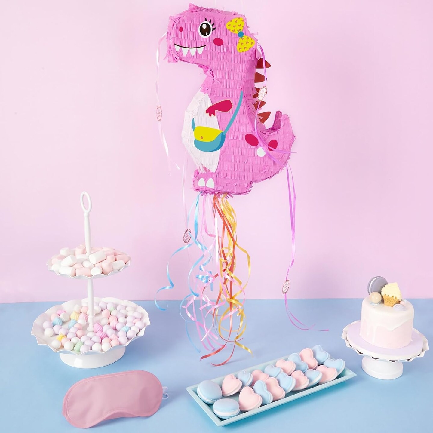 Foldable Dinosaur Pi&#xF1;ata - Pull String Dinosaur Birthday Party Supplies Extendable Pi&#xF1;ata with Blindfold Bat and Tassels Dinosaur Birthday Decoration Pink Dinosaur Pi&#xF1;atas