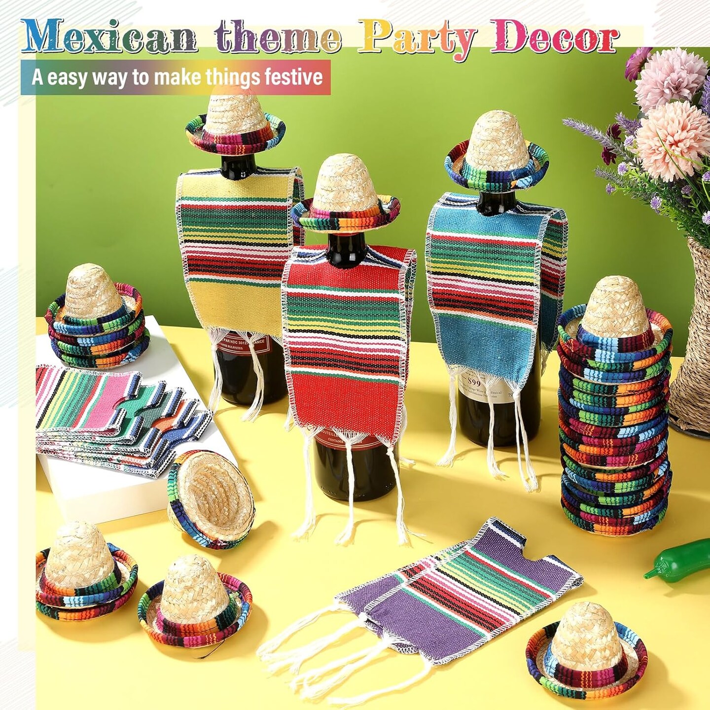 36 Sets Tiny Sombrero Hats Mini Serapes for Bottles Colorful Beer Poncho Cover Cape Sombrero Bottles Topper for Cinco De Mayo Mexican Fiesta Party Table Decorations